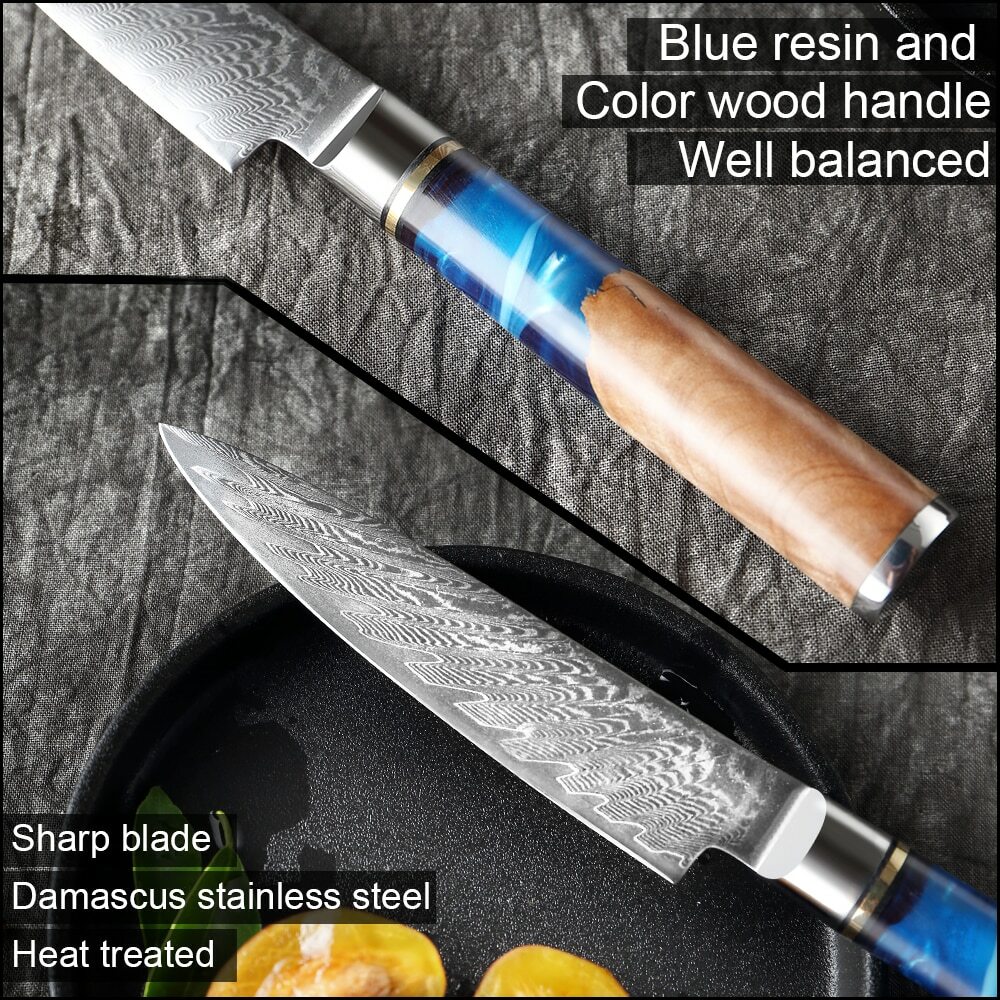New Damascus Steel Utility Chef Paring Fruit Kitchen Knife Blue Resin knife.