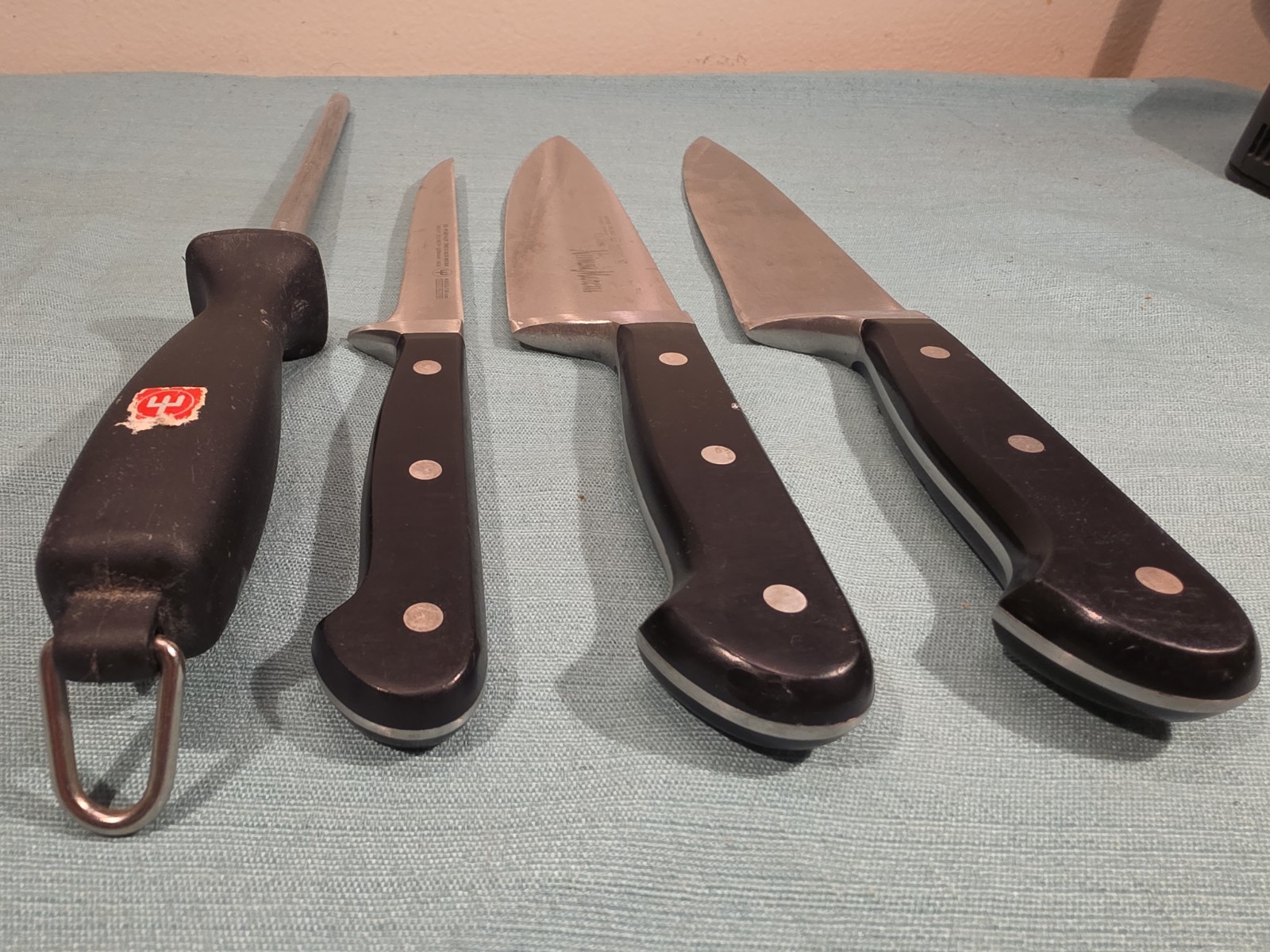 WUSTHOF 3 Knives & Sharpner 4582 20cm 4602 14cm Germany Read All.