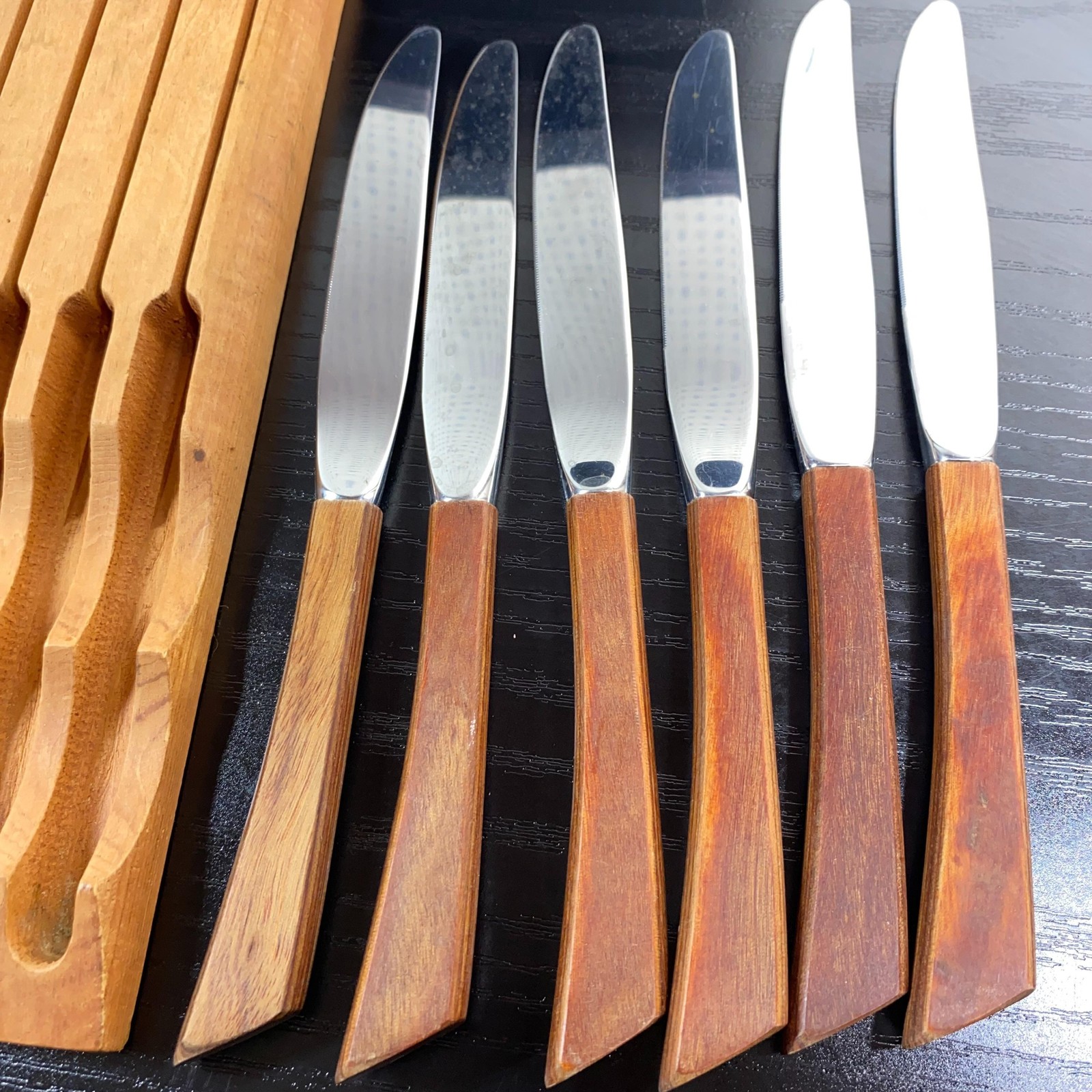 Vintage Steak Knives Set Of 7 Teak Wood Handles Stainless With Tray Brown MCM