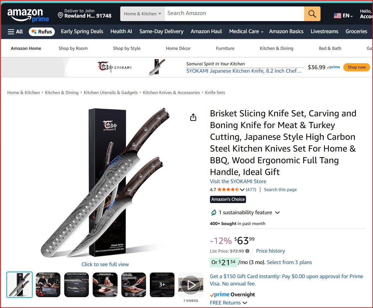 NEW Slicing & Carving 2 Knifes Set Syokami Ultra Sharp great for Roast, Ham, BBQ
