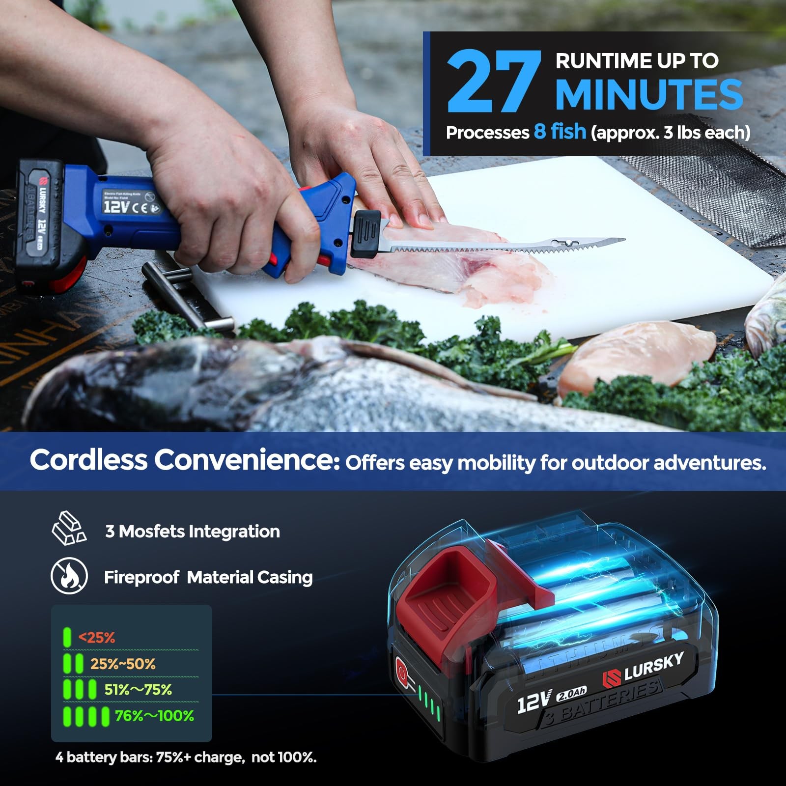 LURSKY Electric Fillet Knife Cordless Rechargeable for Fishing, with Stainles…