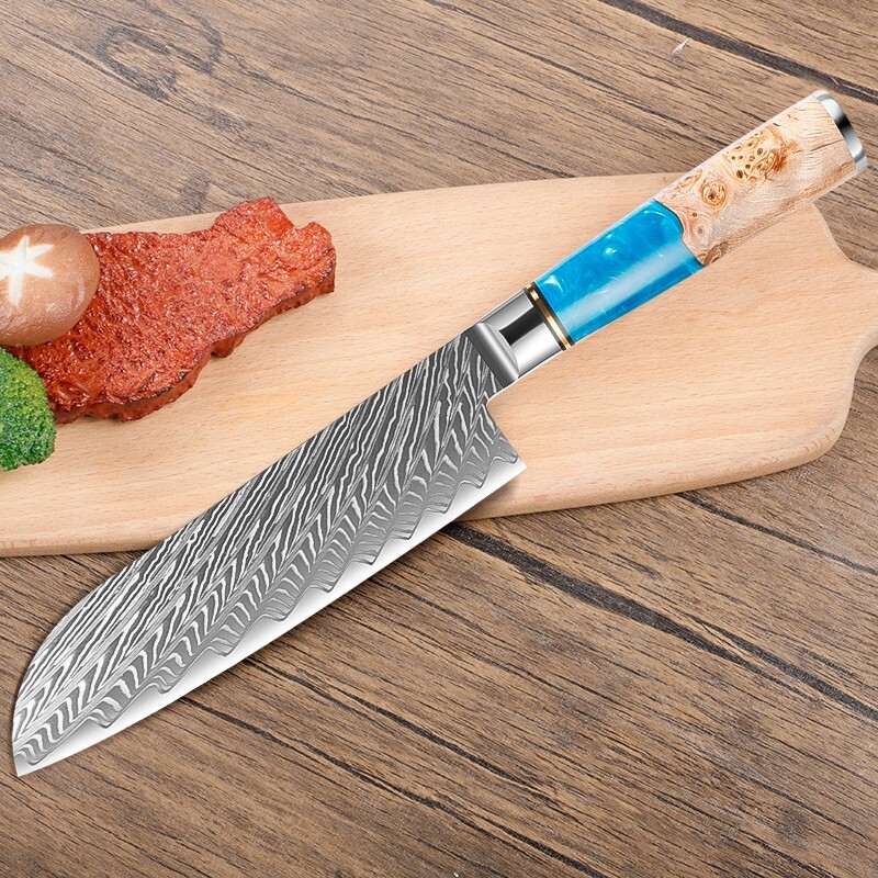 Blue artificial resin+wood handle Damascus steel Japanese style knife belt gift