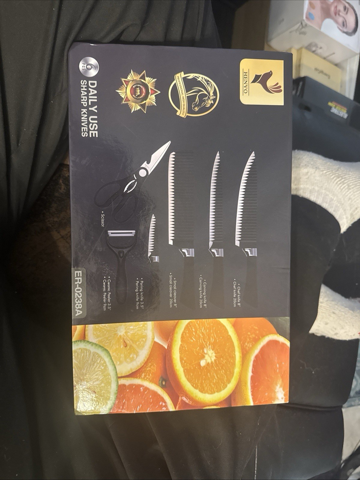 HENVO 6pc Stainless Steel Serrated Knife Set w/ Scissors Black ER-0238A
