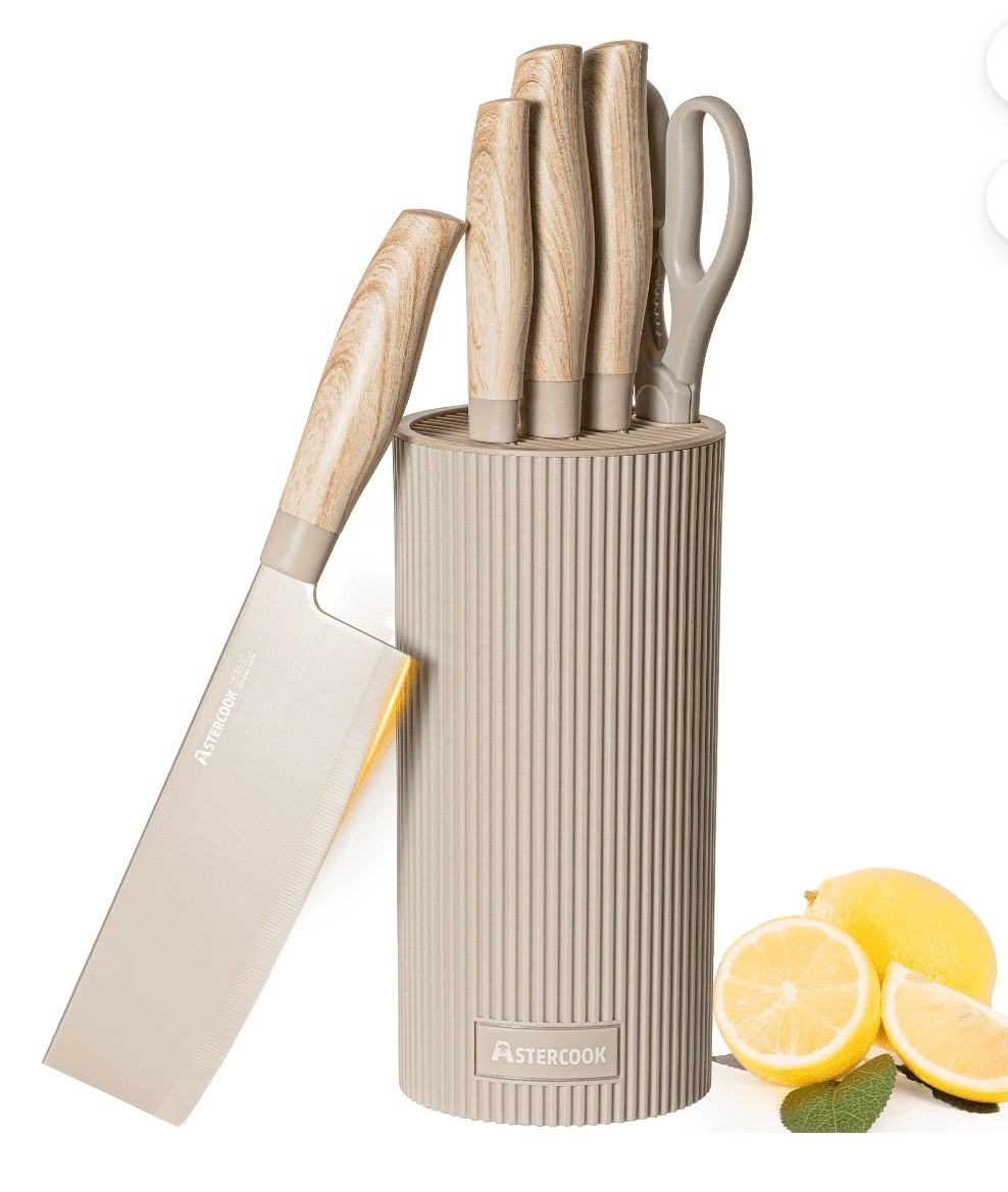Astercook 6 Pc Kitchen Knife Set w/ Block Beige Khaki Wood Grain Handles
