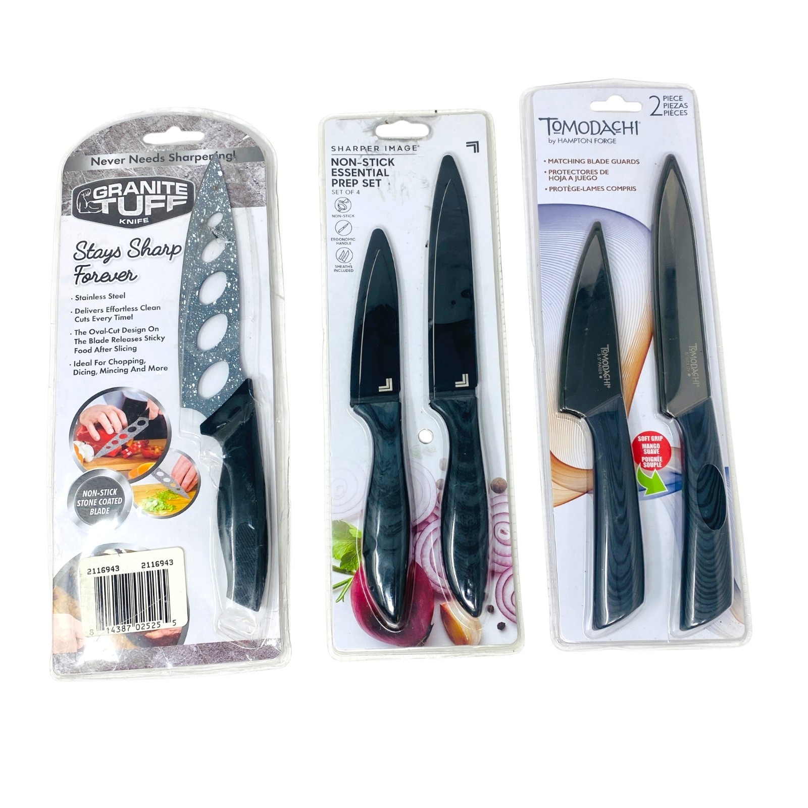 Granite Tuff Tomodachi & Sharper Image Sealed Kitchen Knives Set New, Lot of 5