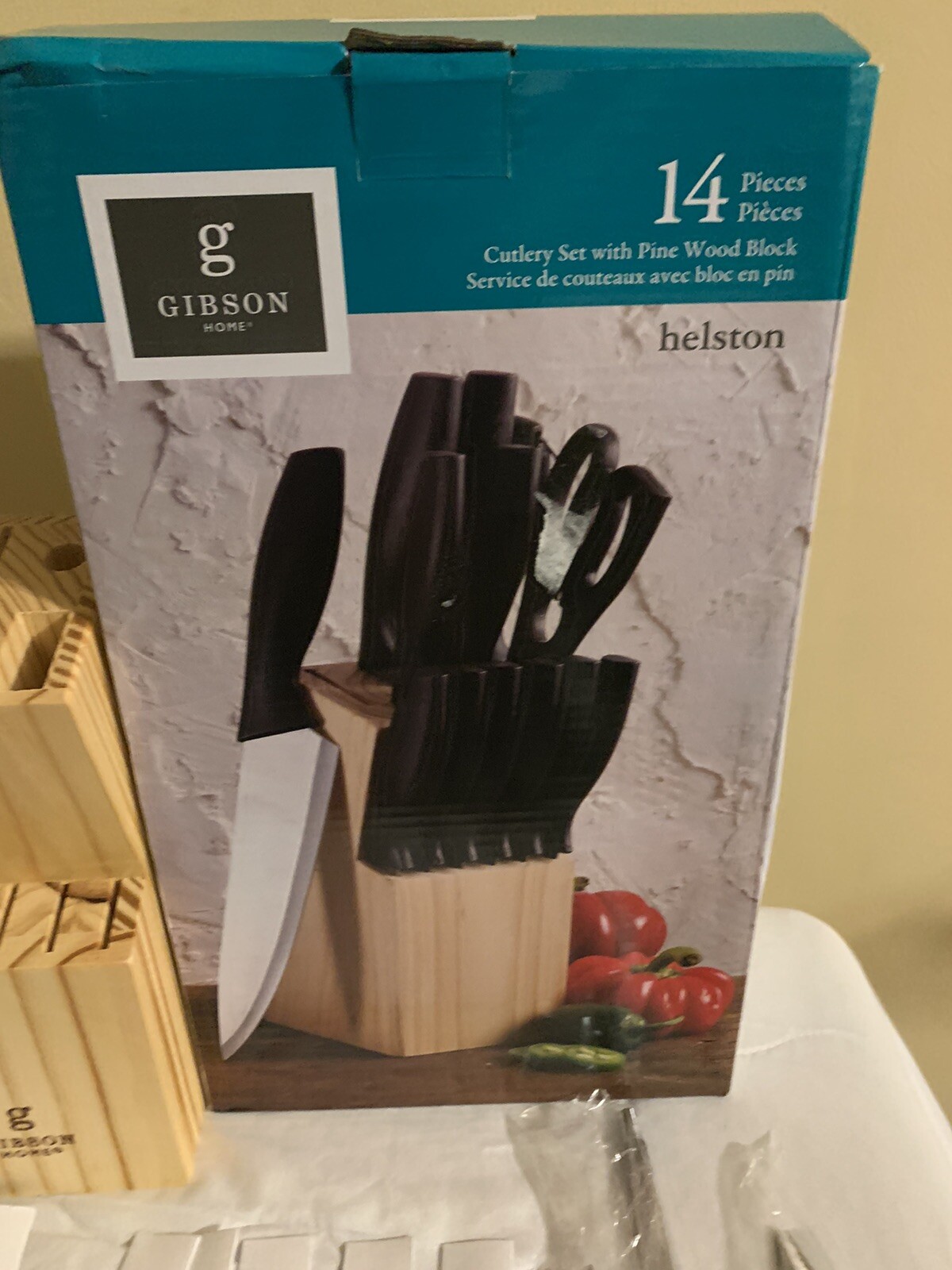 Gibson Helston 14pc Stainless Steel Cutlery Set With Pine Wood Block New in Box