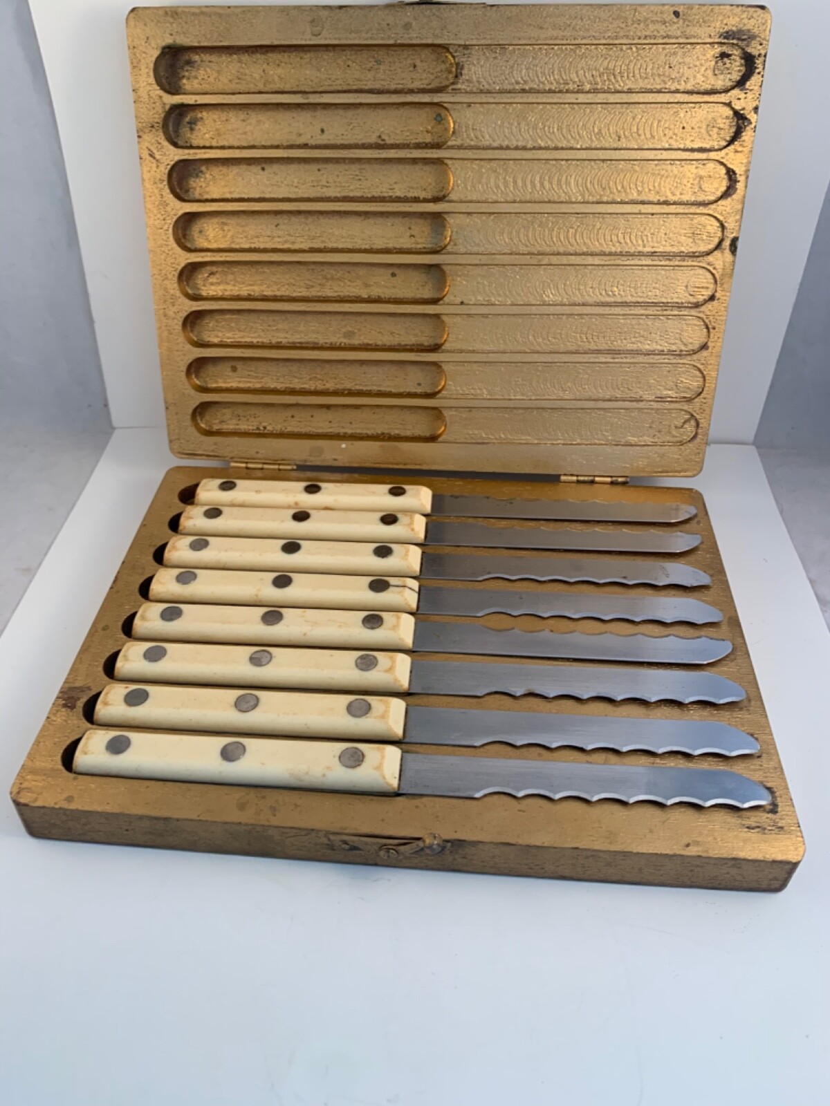 Steak Knives Bakelite Handles Simmons Set of 8 Stainless Original Wood Box