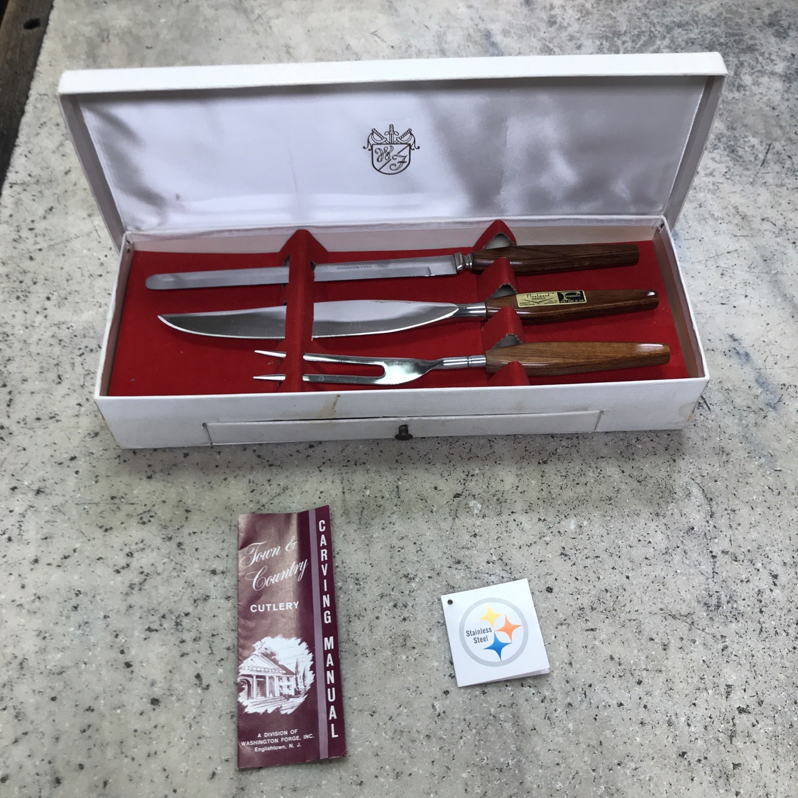 Vintage Town & Country Carving Set & 6 Steak Knives Fleetwood Washington Forge
