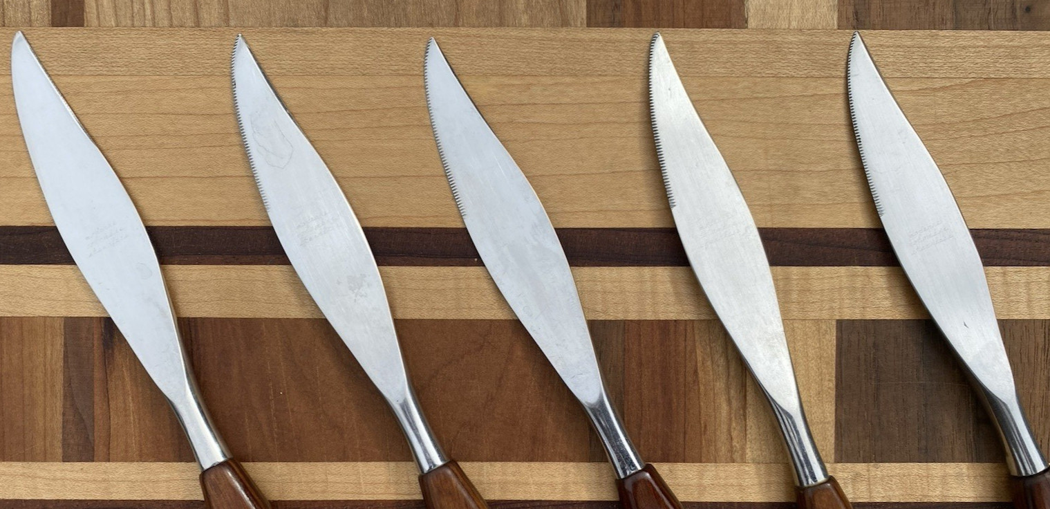 5 1960s MODERNE COLOMBIA STAINLESS KNIVES 4-steak 1-butter MCM Danish-Style Teak