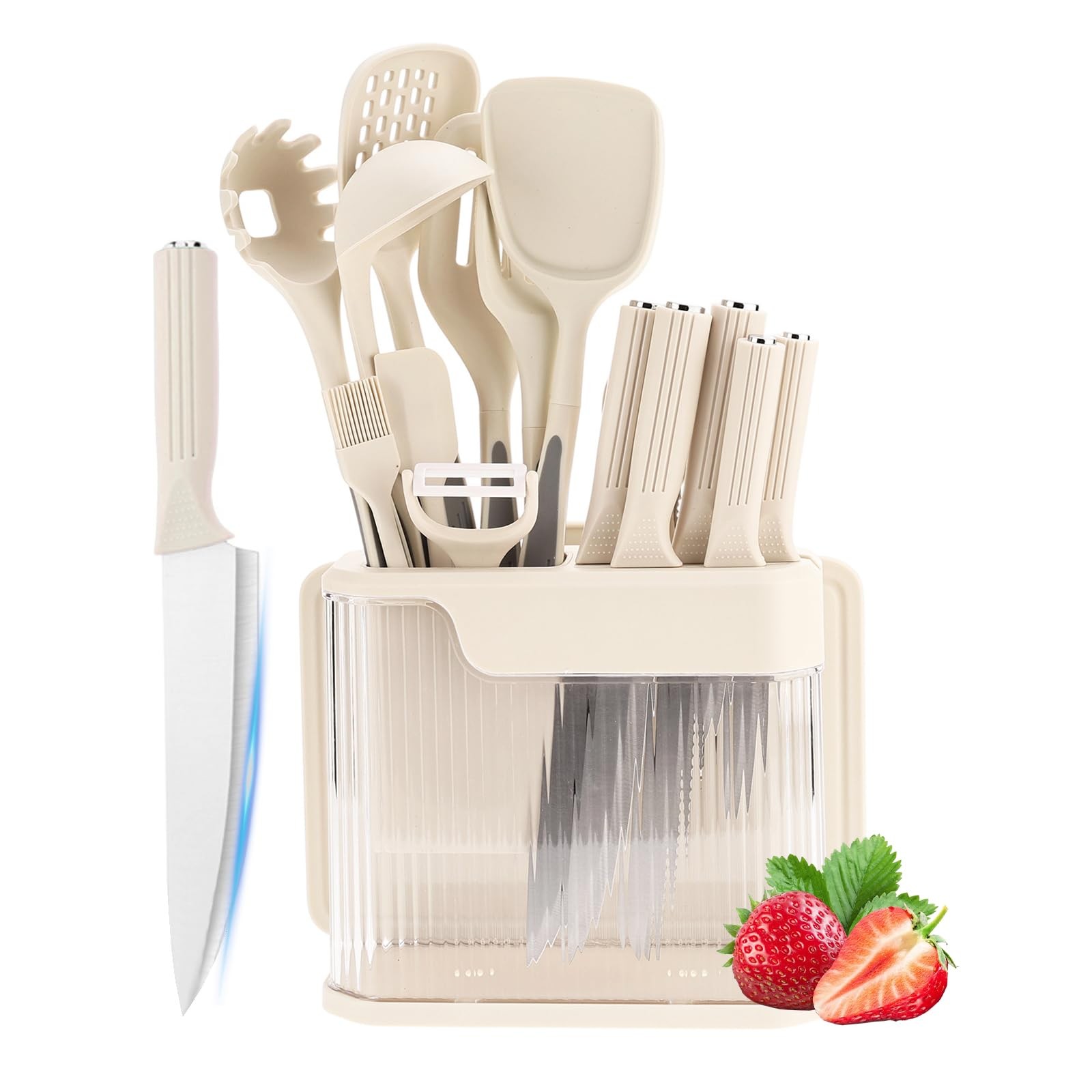 17 PCS Beige Silicone Kitchen Cooking Utensils Knife Set Acrylic Block