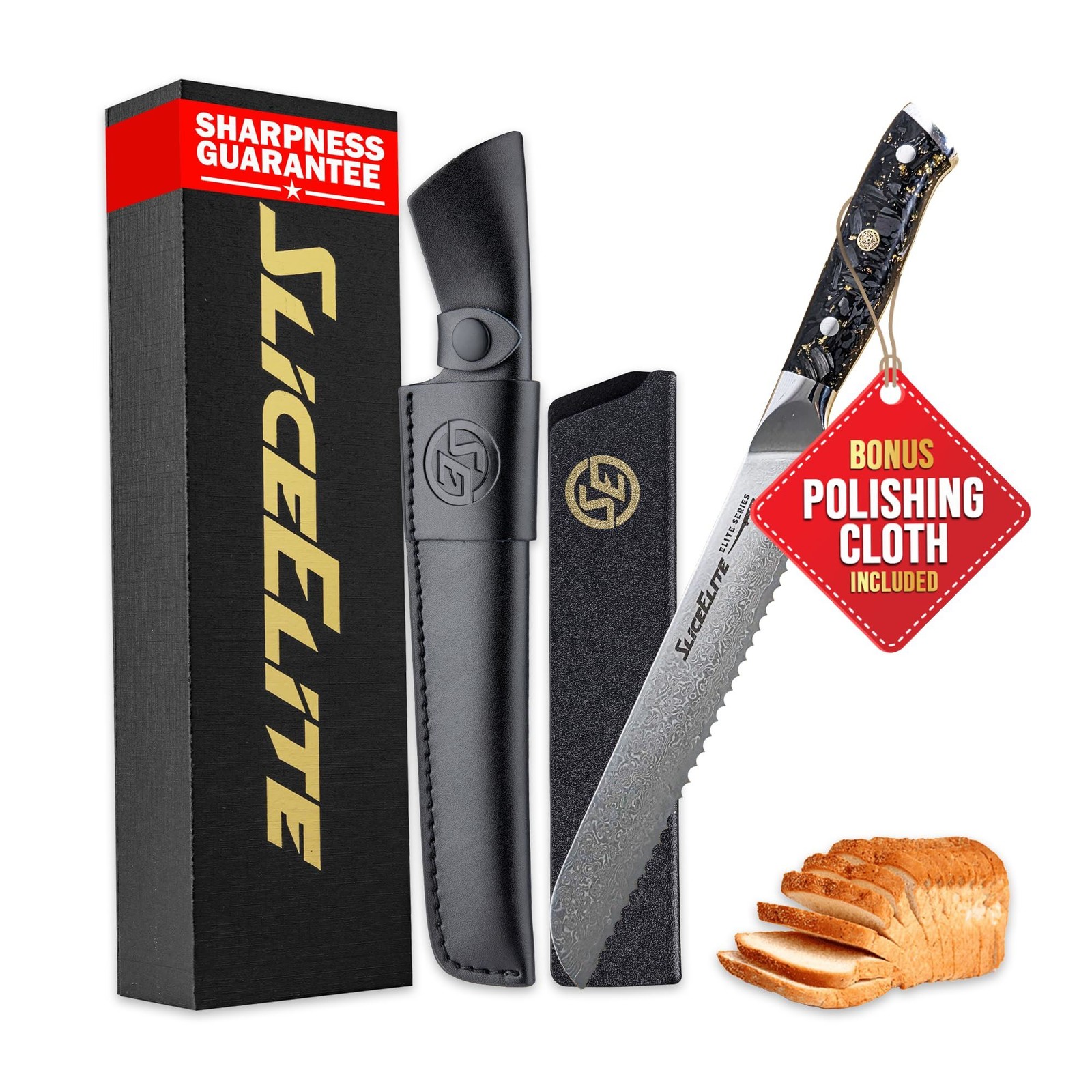 SliceElite 8 Inch Bread Knife VG10 Damascus Steel Carbon Fiber Handle