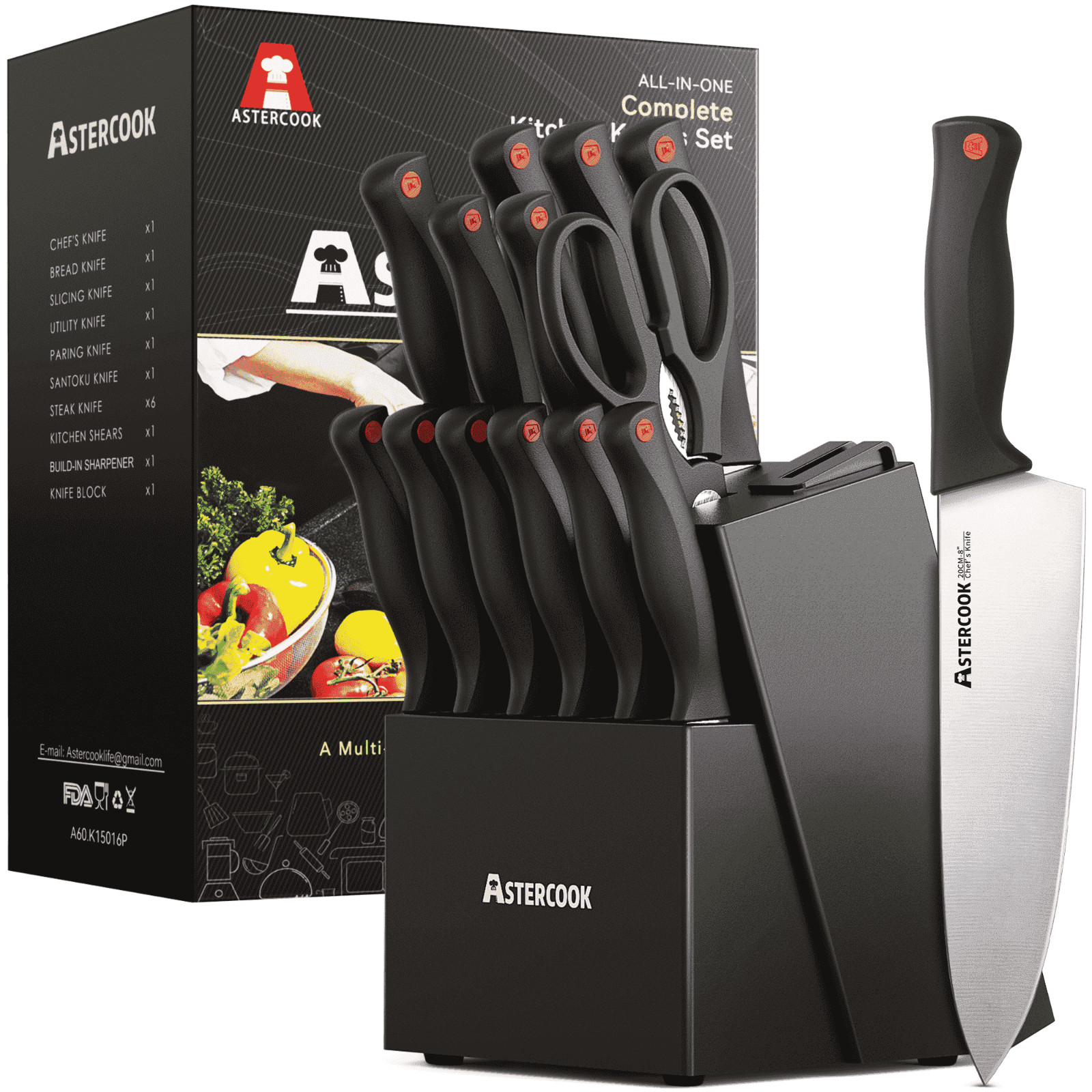 Astercook 14-Piece Knife Set w/ Block & Sharpener, German Stainless Steel