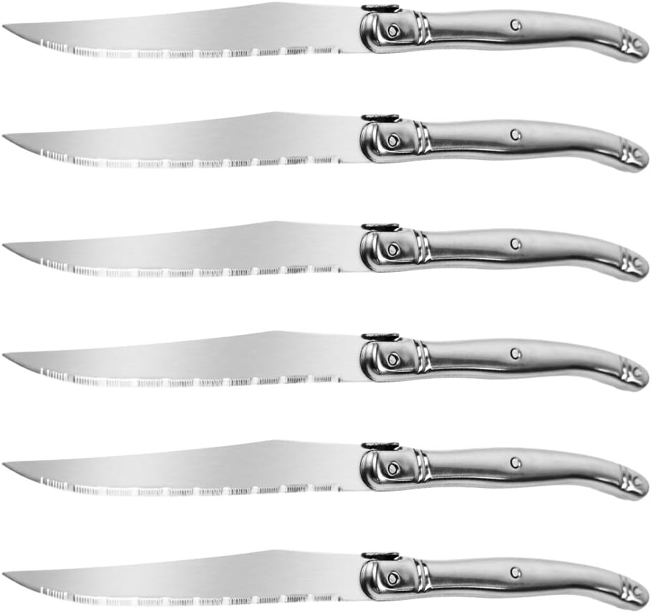 Laguiole Style Steak Knives Set of 6, Serrated Stainless Steel Steak Knife Set,