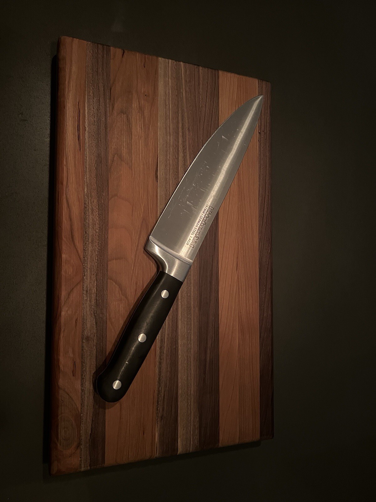 14.5” By 8.5” By 1.5” Wood Cutting Board. Multi Wood. Knife Not Included