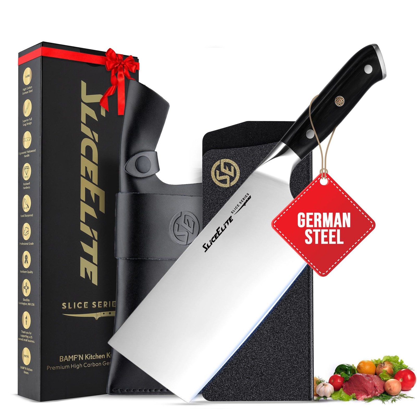 SliceElite 7” Cleaver Knife German Steel Blade, Meat & Veg Chopper
