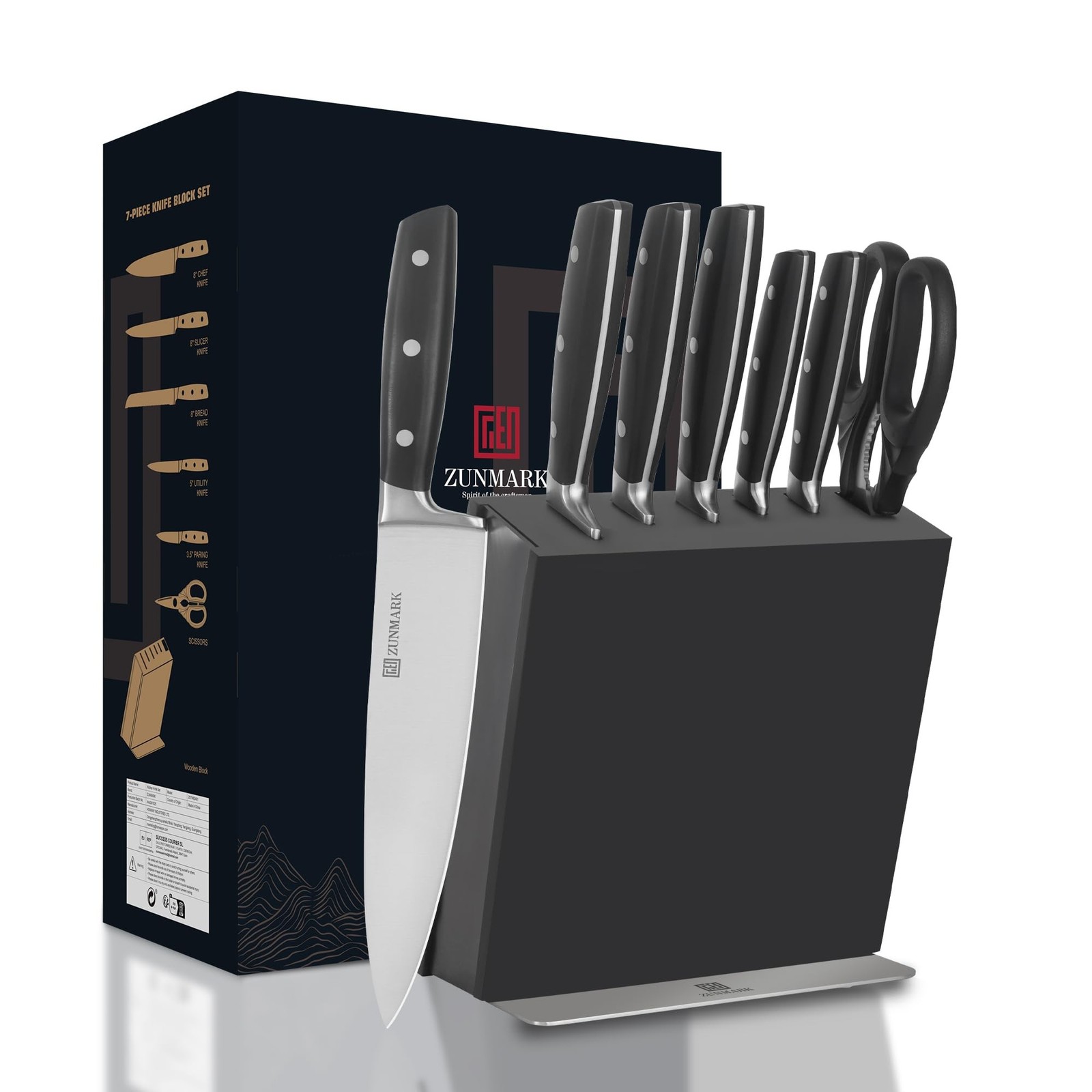 ZUNMARK Knife Set, 7 Piece Sharp Chef Knife Set Solid Wood Block, Unique