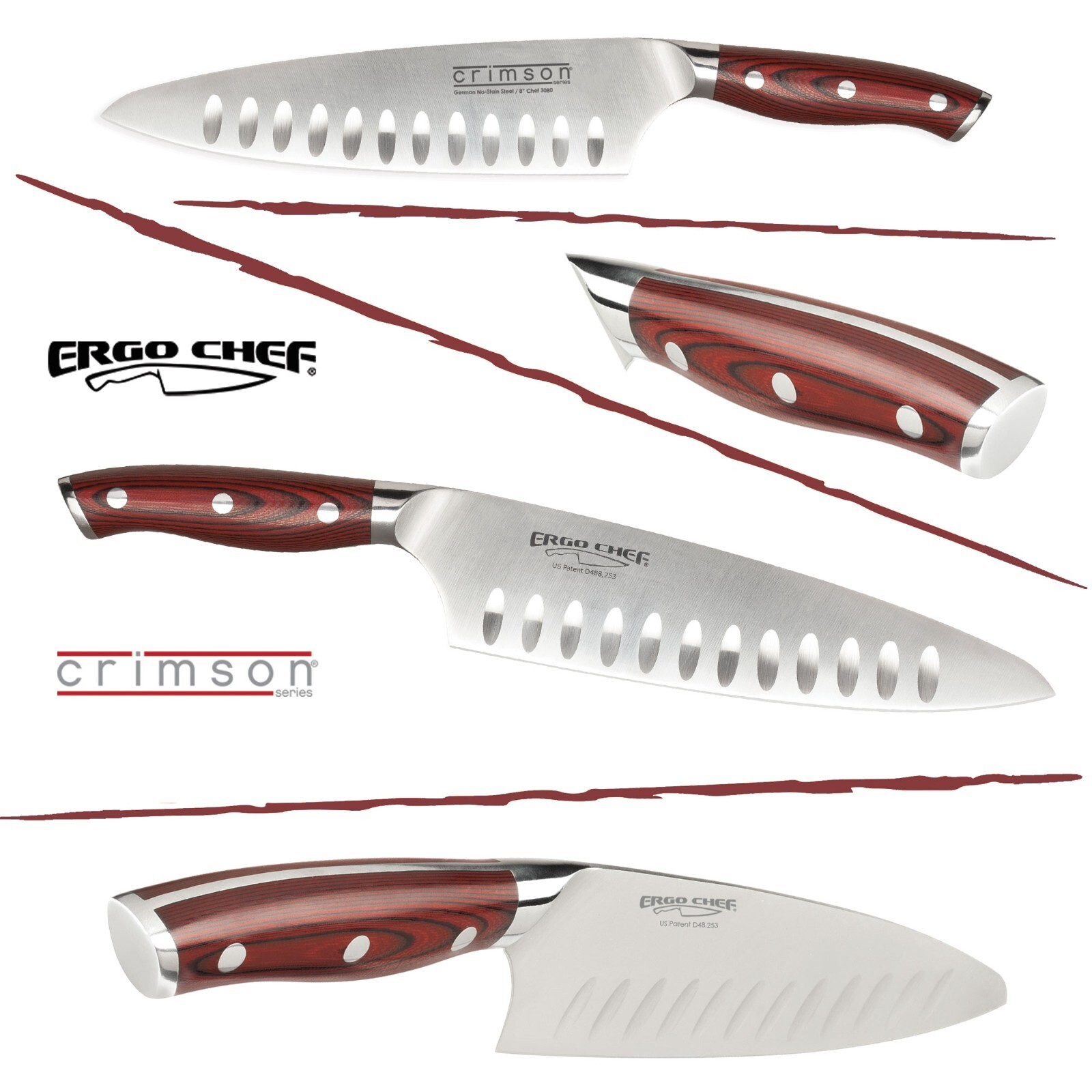 Ergo Chef 8″ Chef knife with Granton Edge German Steel CRIMSON Series