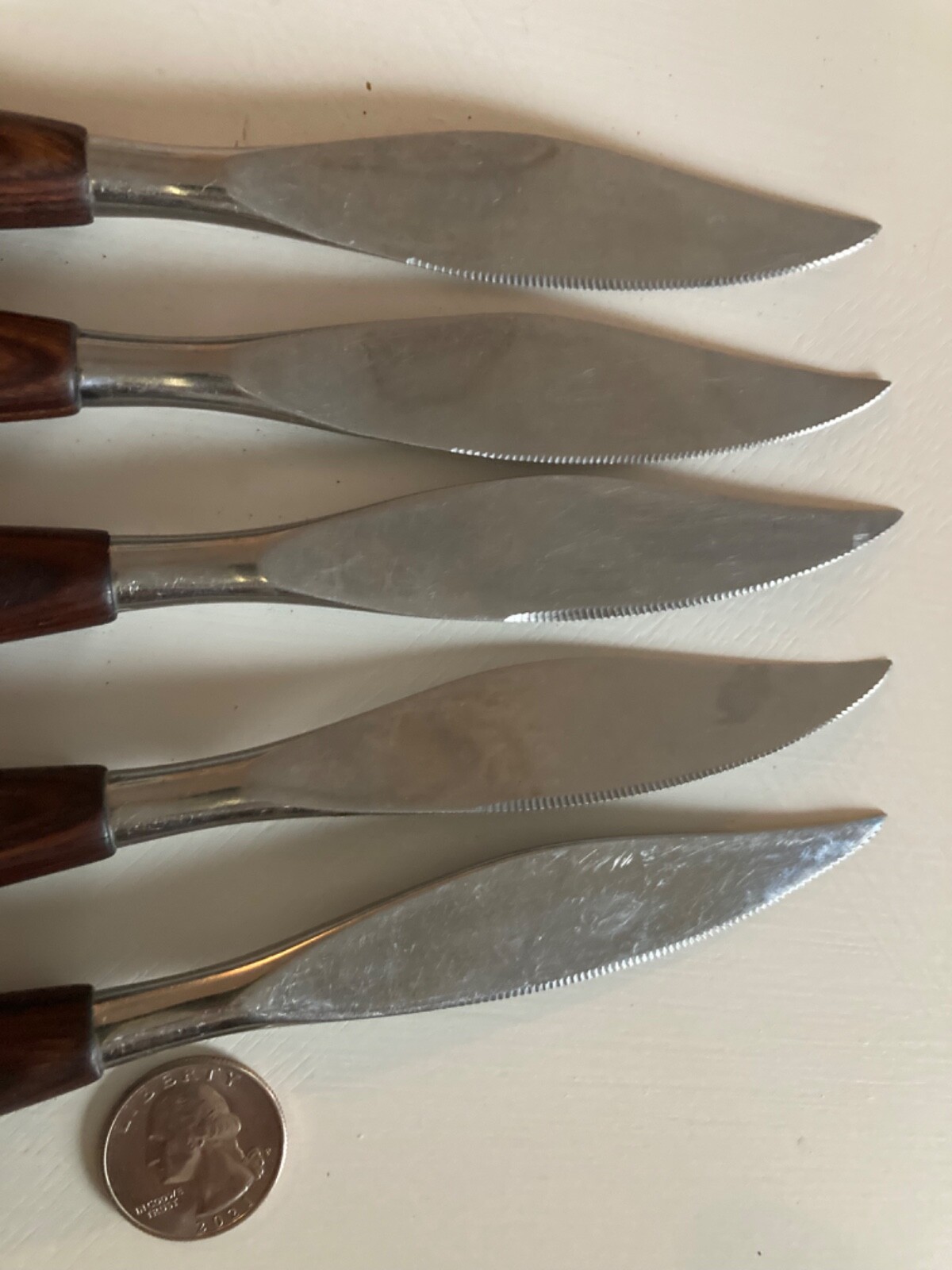 VINTAGE SET 5 MODE DANISH MCM KNIVES TEAK HANDLES ENGLAND 8” SLEEK ATOMIC