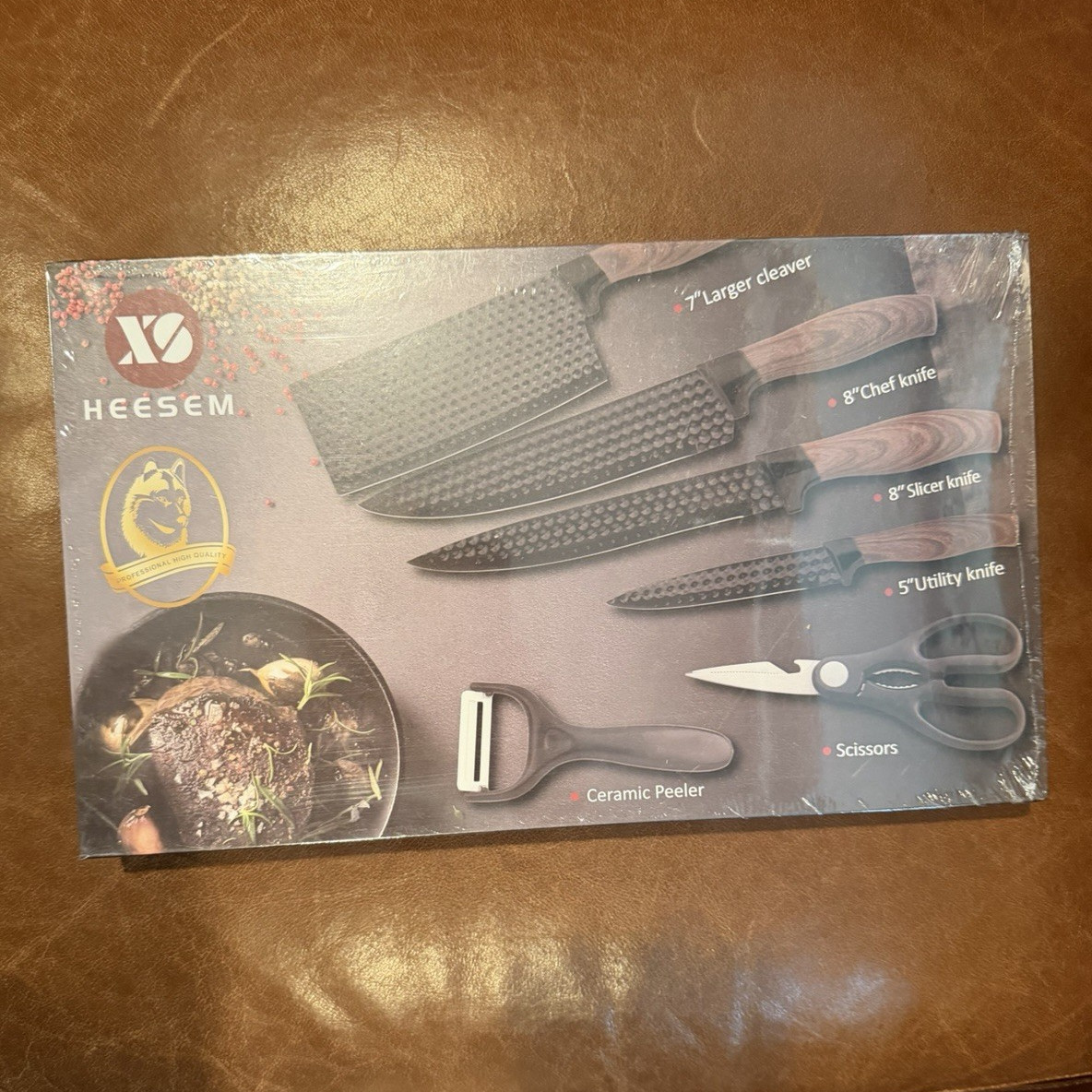 HEESEM 6pc Black Non-Stick Knife Set: Cleaver Chef Slicer Utility Scissors