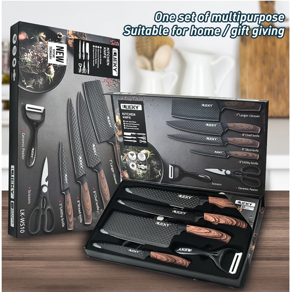 6 Pcs kitchen Knives Laser Damascus Pattern Pro Sharp Chef Knife Gift Box Kit US