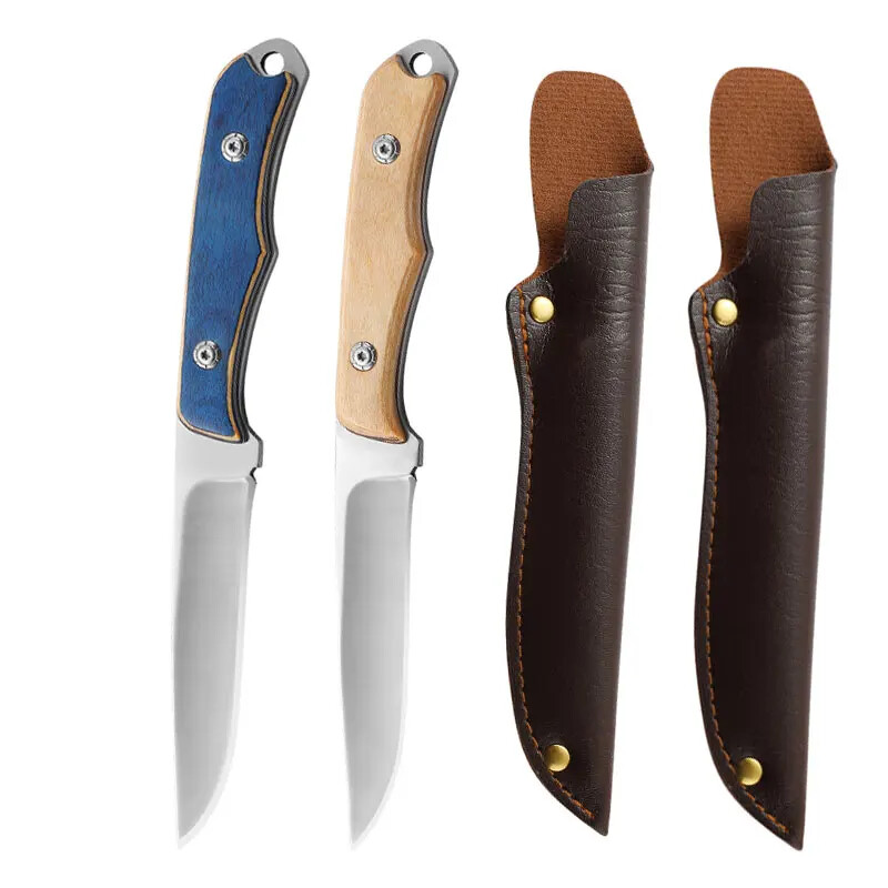 portable steel knife with sheath and wood handle for grilling and fruit cutting