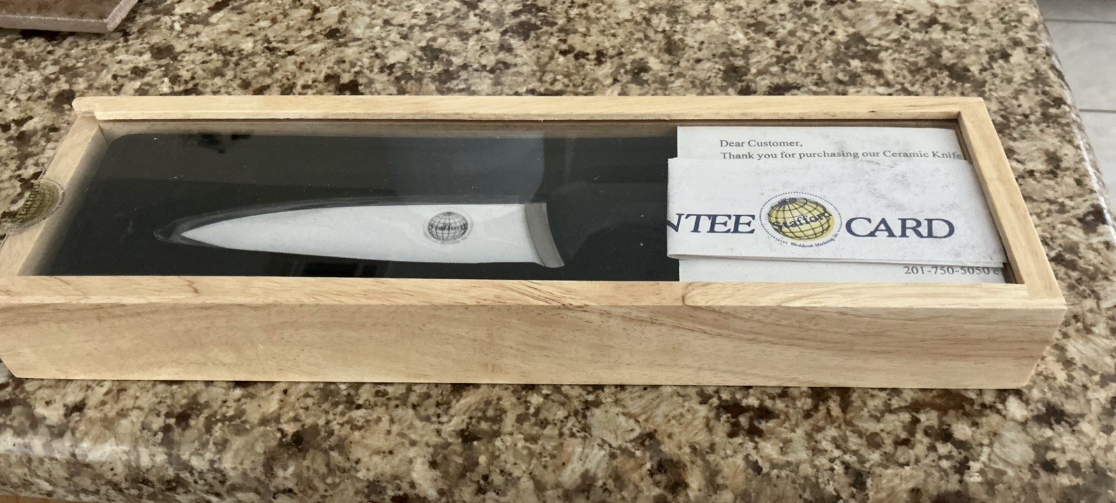 Stafford Ceramic Knife in Wood Box 5″ Blade Cover 9″ Total Length, NIB