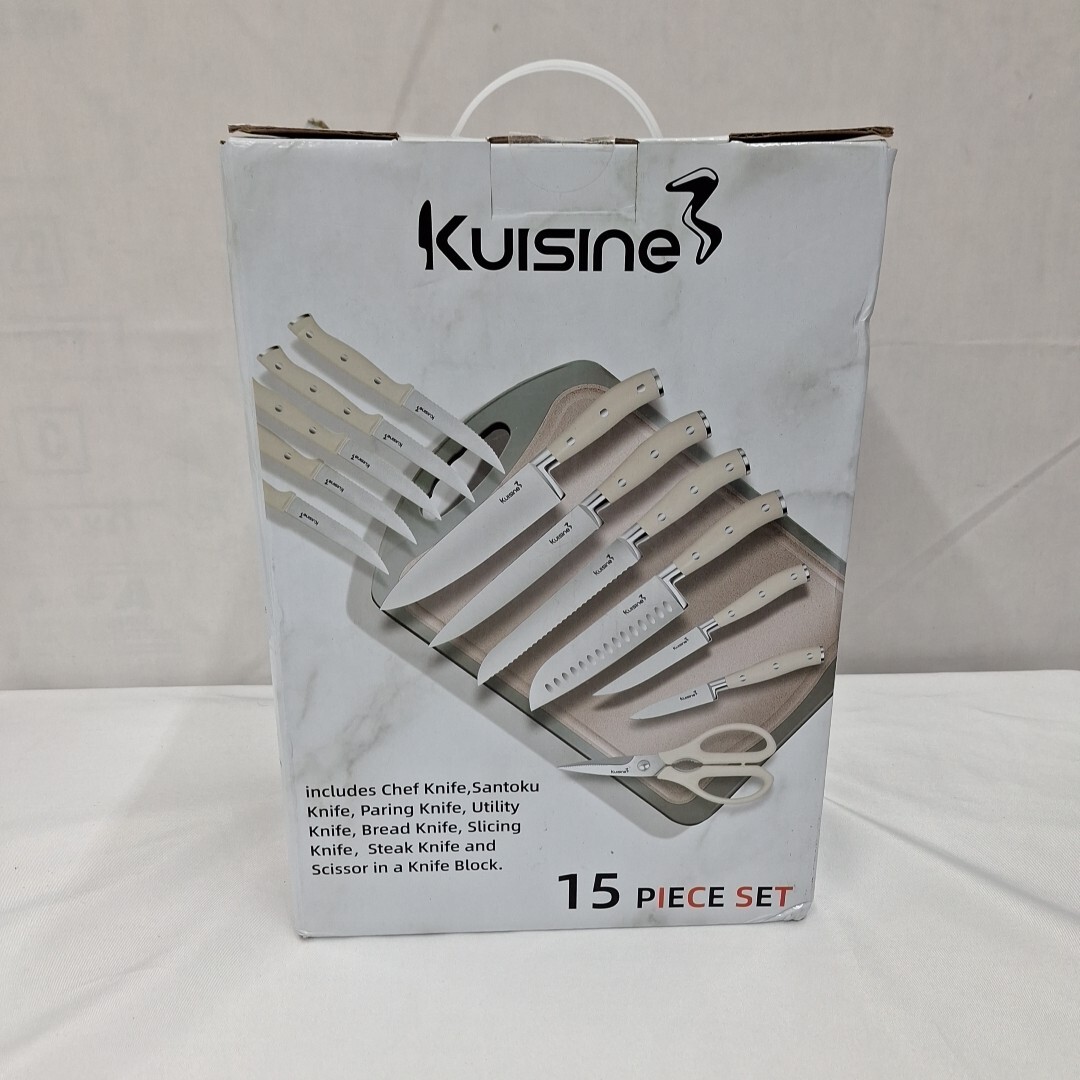 Kuisine 15 Piece Stainless Steel Knife Block Set W/ Built-In Sharpener, Ivory