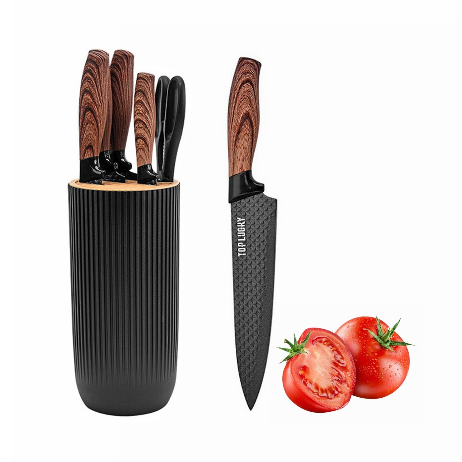 Luxury Aesthetic Kitchen Knife Set with Holder 6 Pcs Black Wood Grain Handle