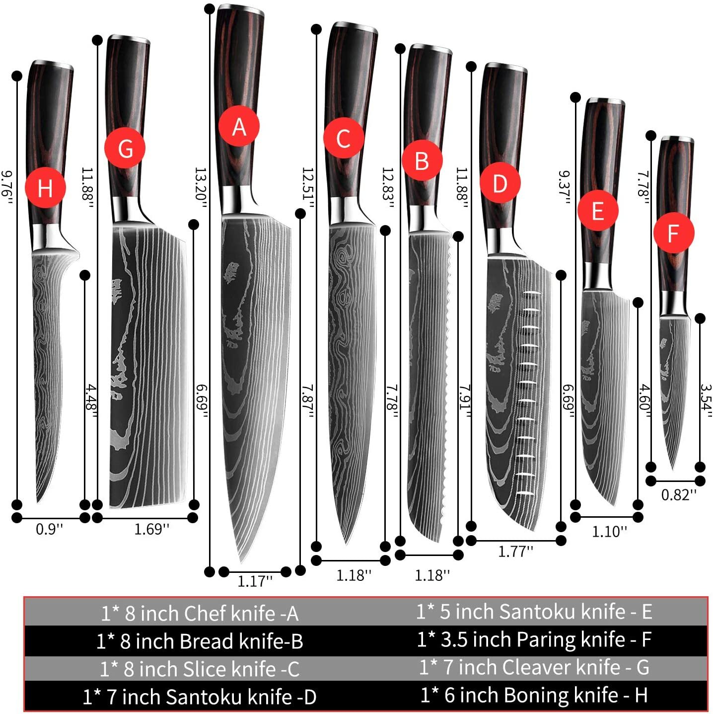 8 Pcs Kitchen Knives Set Japanese Damascus Pattern Stainless Steel Chef Gift Box