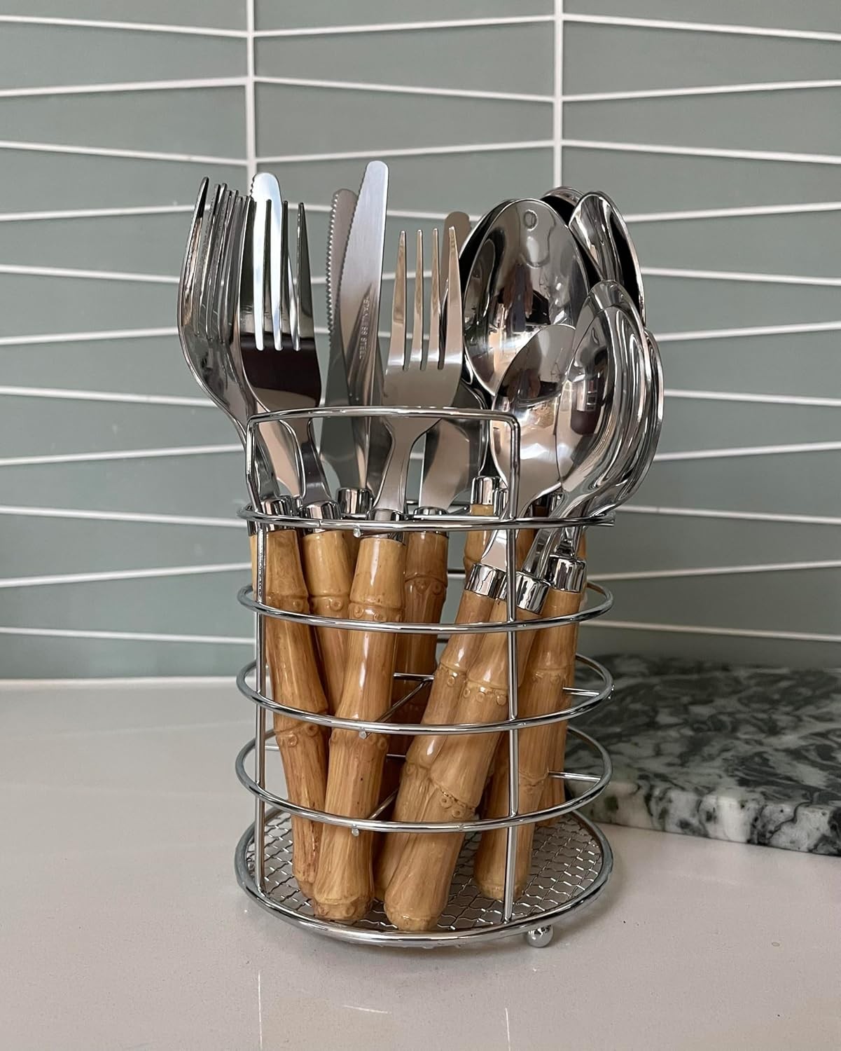 Bamboo Stainless Steel Cutlery Set with Naturalistic Bamboo Handles 16 Pieces