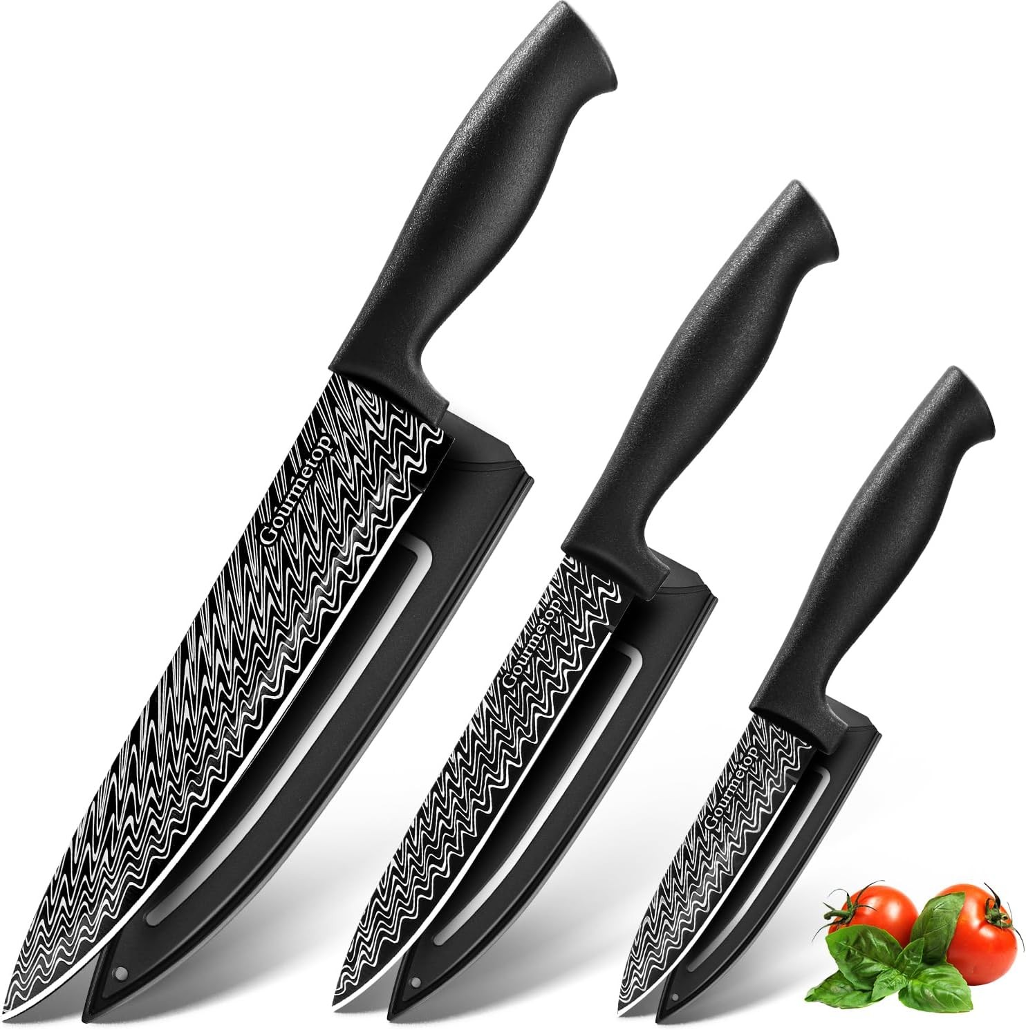 Kitchen Knife Set with Protective Sleeves 3 Piece Black Chef Knives Sharp