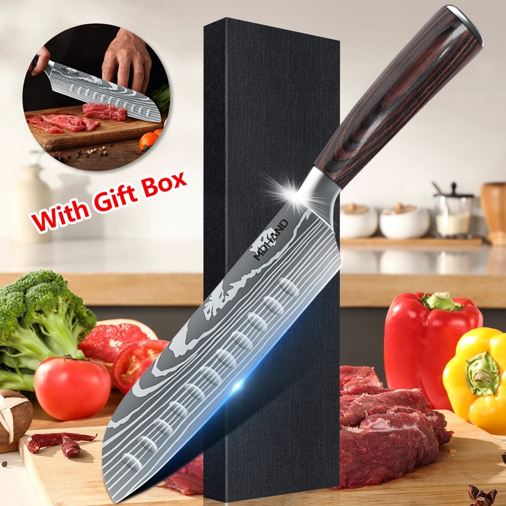 Kitchen Knife Damascus Stainless Steel Chef Knife Santoku Meat Cleaver w/ Sheath