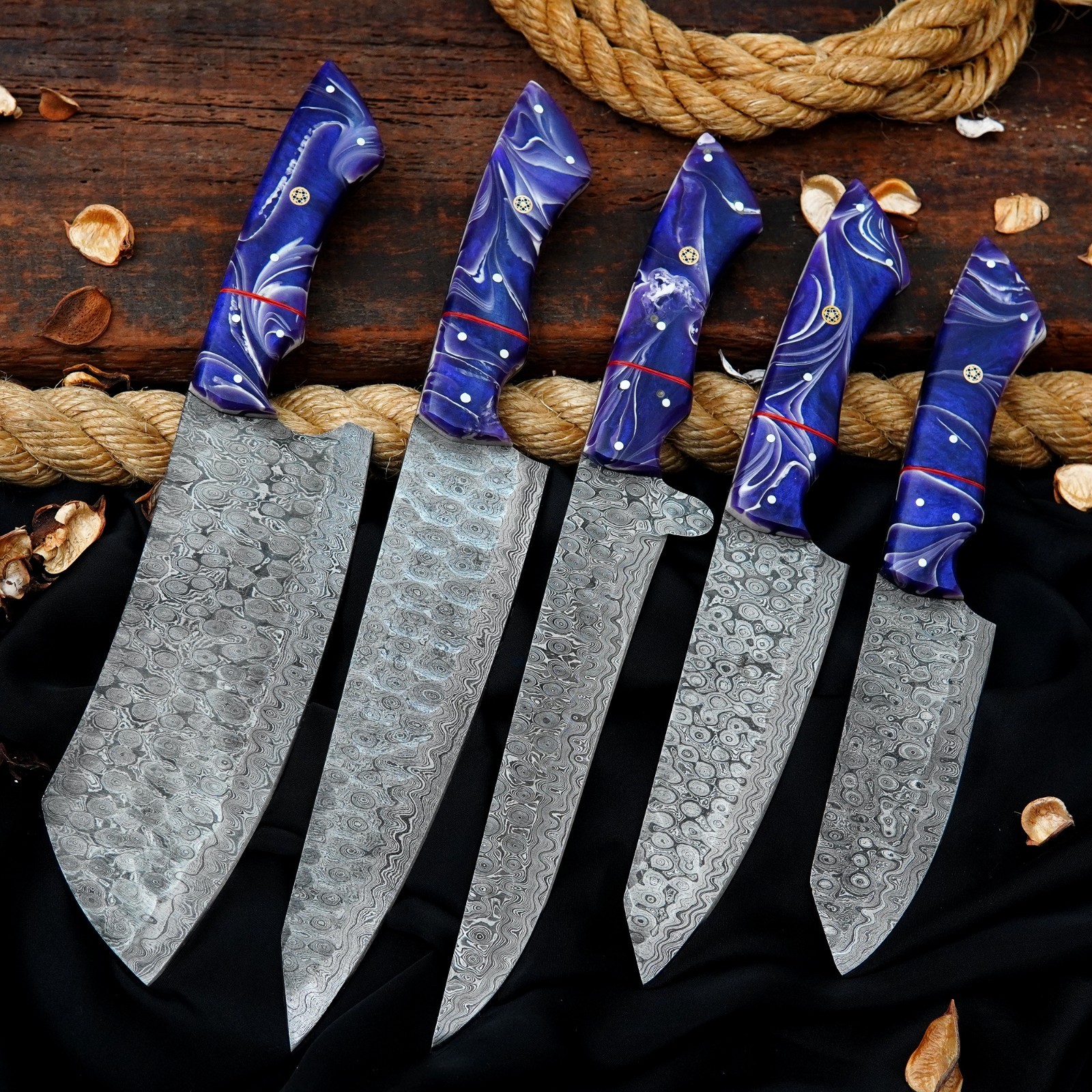 CUSTOM HANDMADE RAINDROP DAMASCUS HAMMERED 5 PIECES CHEF SET W/ LEATHER BAG