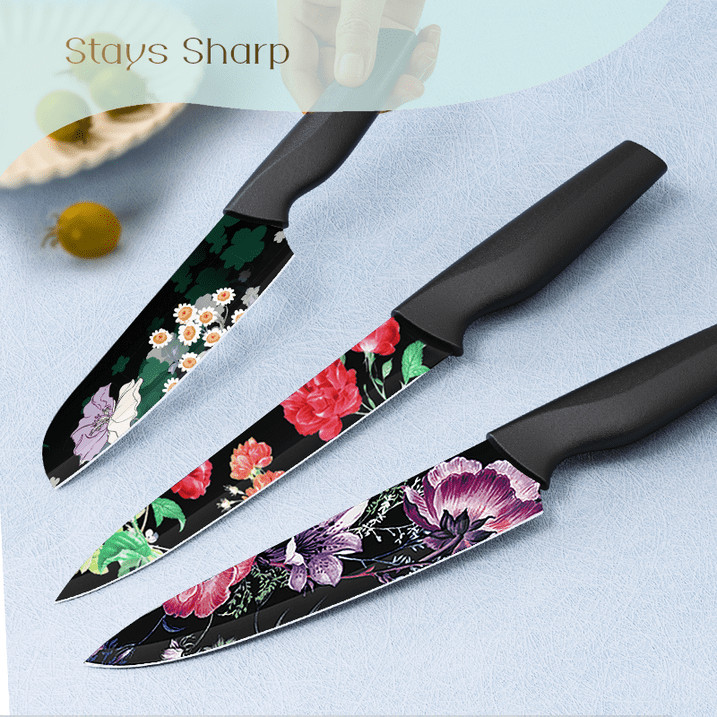Astercook Knife Set 6 Piece Flower Kitchen Stainless Steel 6 Blade Guards Black