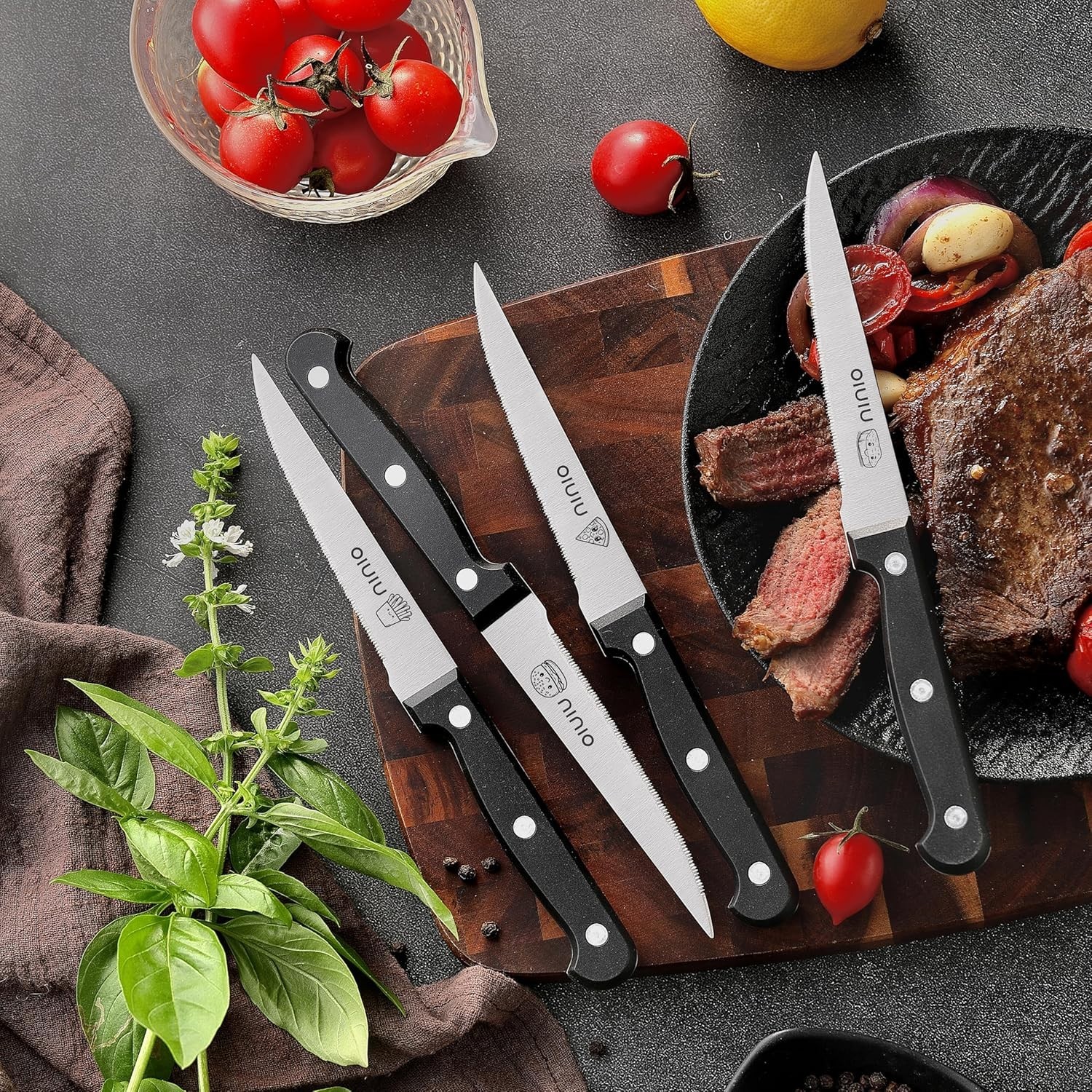 OLULU Steak Knives Set of 4 Stainless Steel Serrated Dishwasher Safe