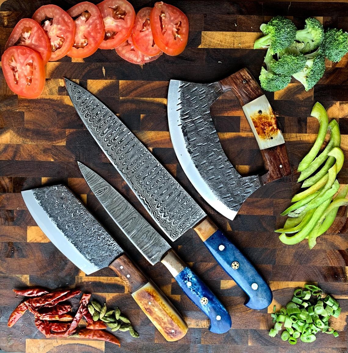 Hand-Forged Damascus Steel Cleaver Chef’s Knife Walnut & Bone Handle Outdoor