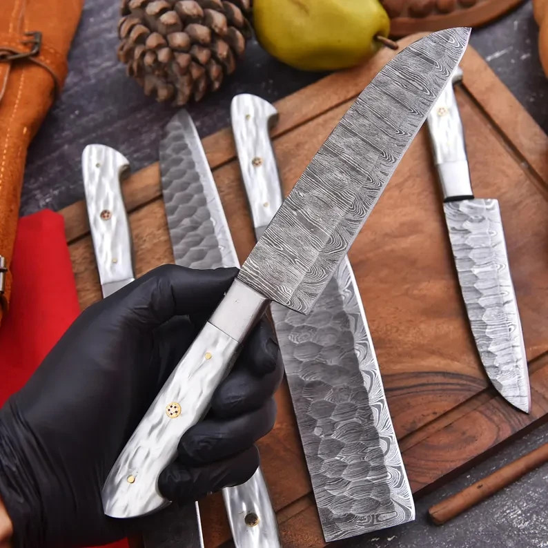Handmade Damascus Chef Knife Set | 5-Piece Kitchen Knives with Leather Roll