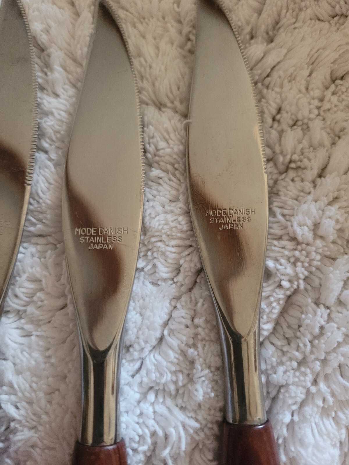 Vtg. Mode Danish Teak wood handle steak/serv. knife set of 3 Stainless Japan