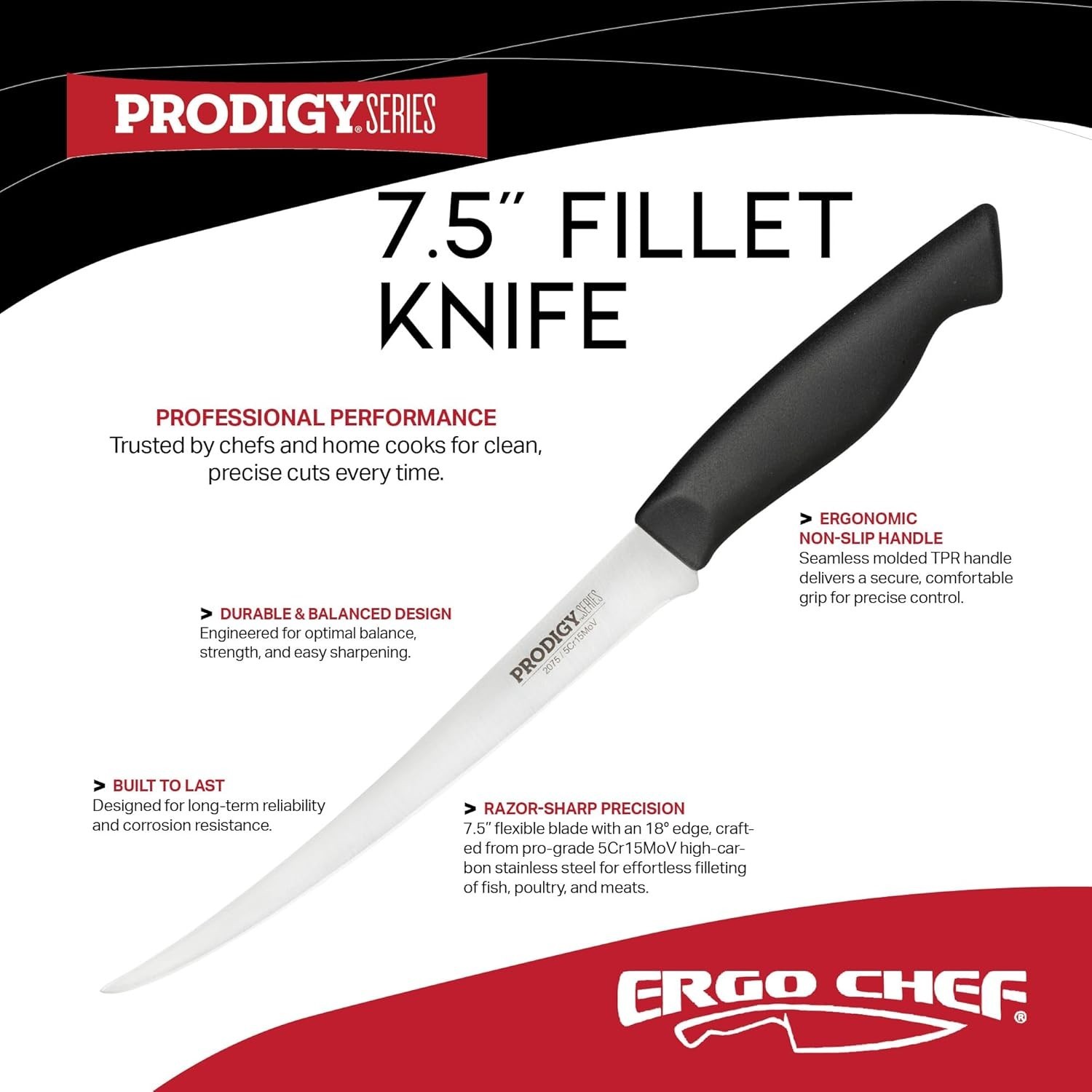 7.5 Inch Curved Flexible Fillet Knife High Carbon Stainless Steel Blade Ergonomi