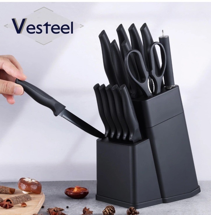 Vesteel 15 Piece Stainless Steel Kitchen Knife Set Block Sharpener Black