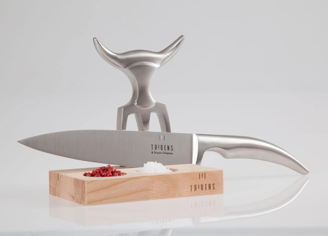 Tridens 3-Piece Essentials Cutlery Set With Fork, Chef’s Knife, Beechwood Base