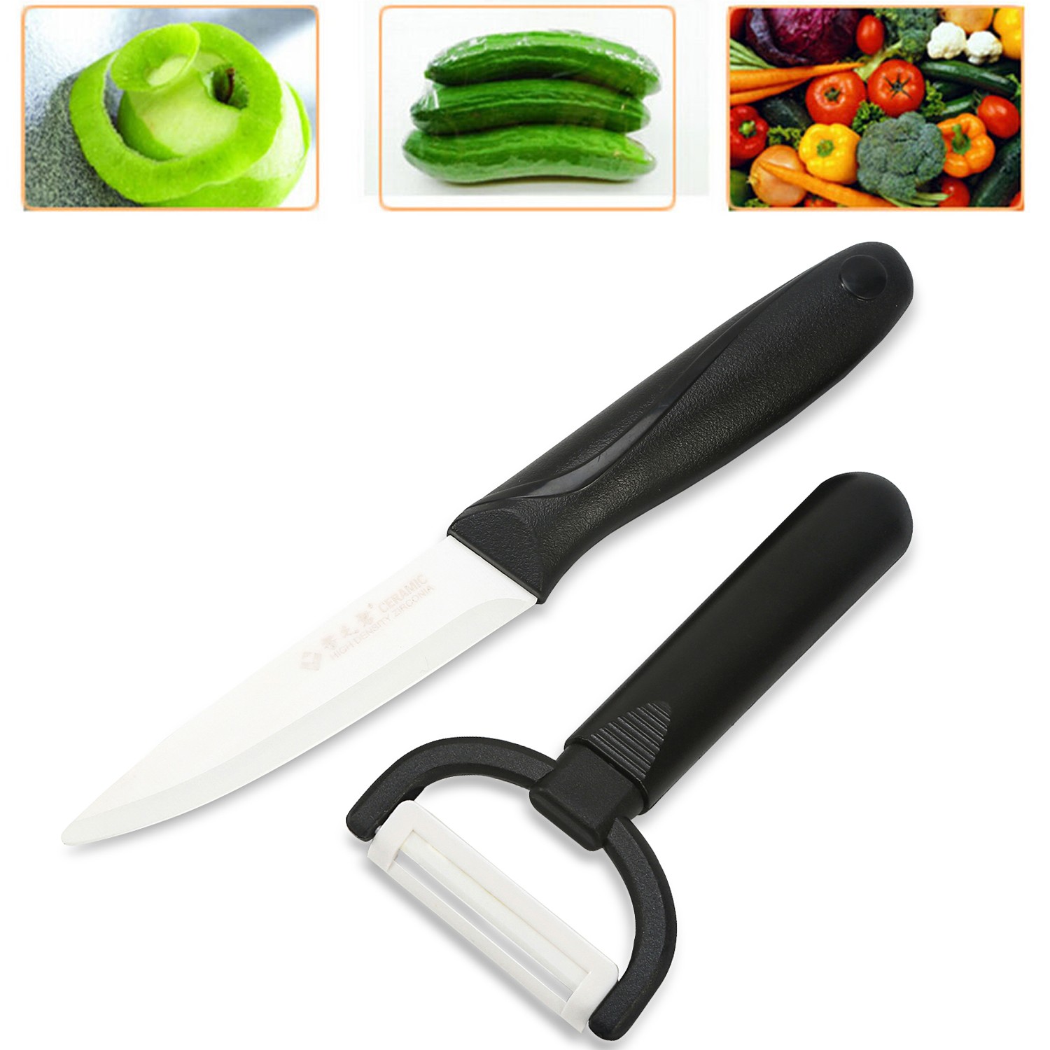 2pcs Sharp Ceramic Kitchen Knife Set 4″ White Blade with Cover + Peeler Cutlery