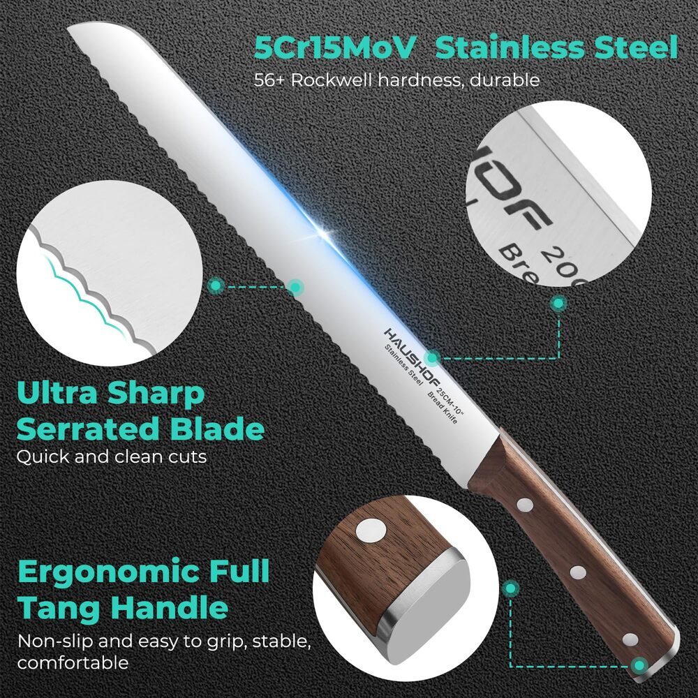 HAUSHOF 10inch Bread Knife Serrated Bread Knife Stainless Steel Bread Cutter NEW