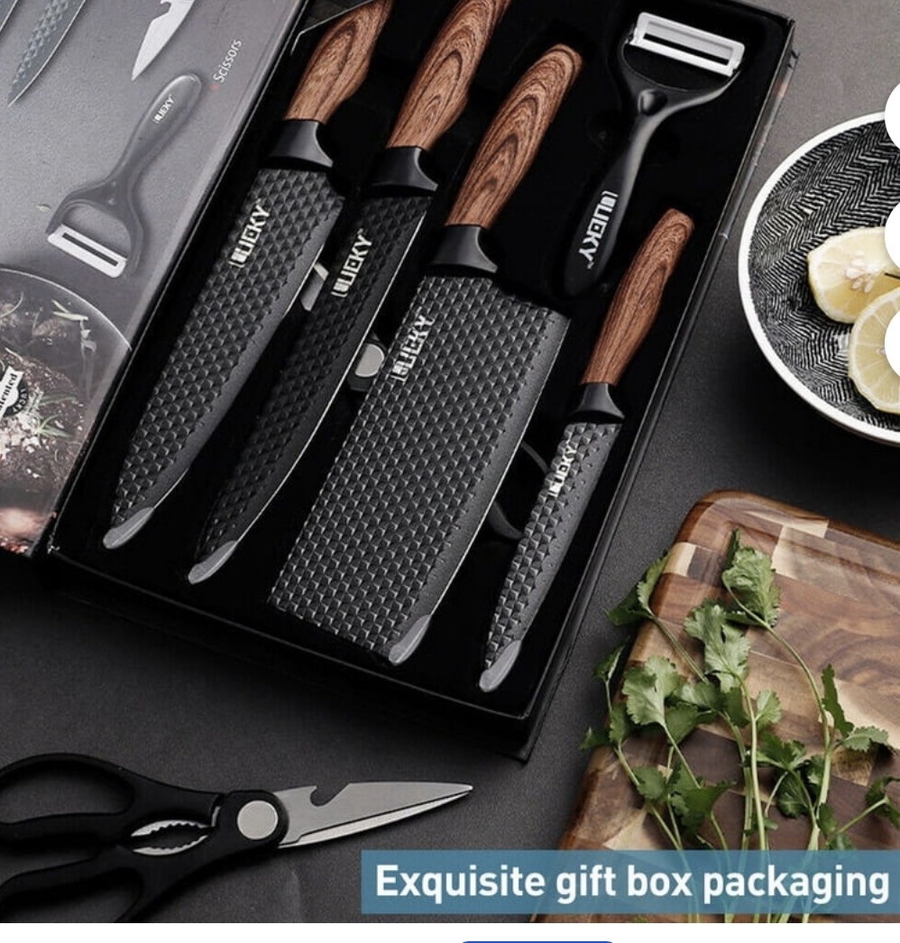 6 Pcs Chef’s Knives Set Stainless Steel Cleaver Scissors Peeler Kitchen Tools