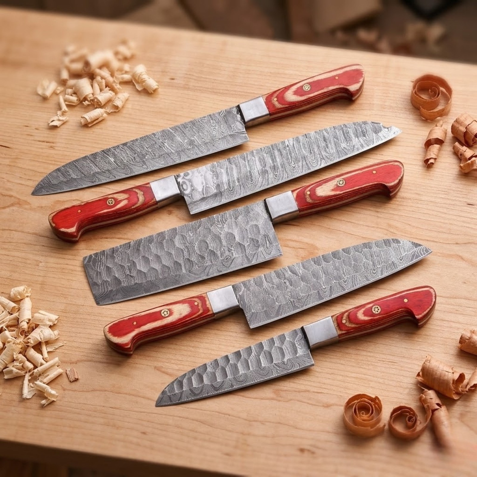 5 Pc Handmade Damascus Steel Chef Knife Set Red Pakkawood Handle Forged Sharp