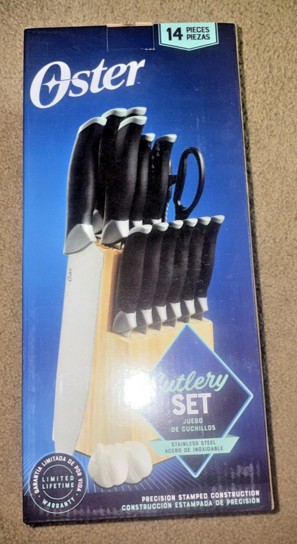 Oster Lingbergh 14 Piece Stainless Steel Cutlery Knife Set w Pine Wood Block