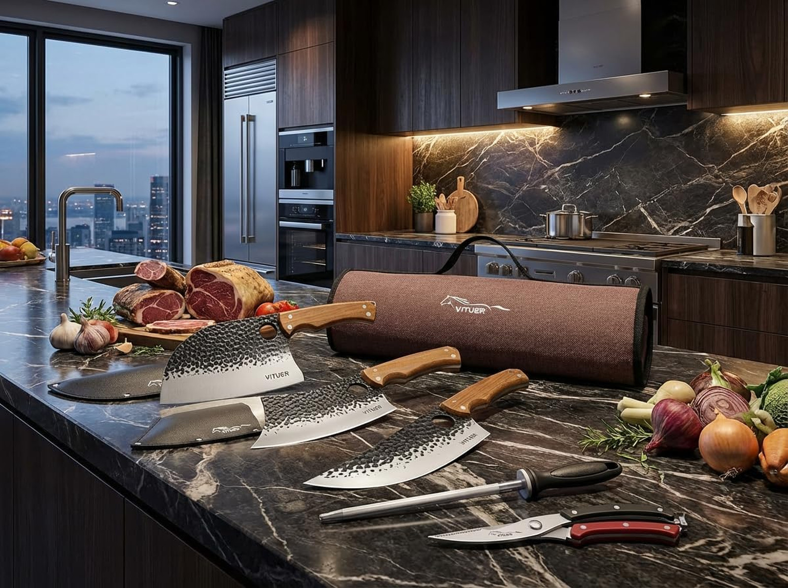 Butcher Knife Set 9 Pieces with Honing Steel and Sheaths, 7 Inch Meat Cleaver