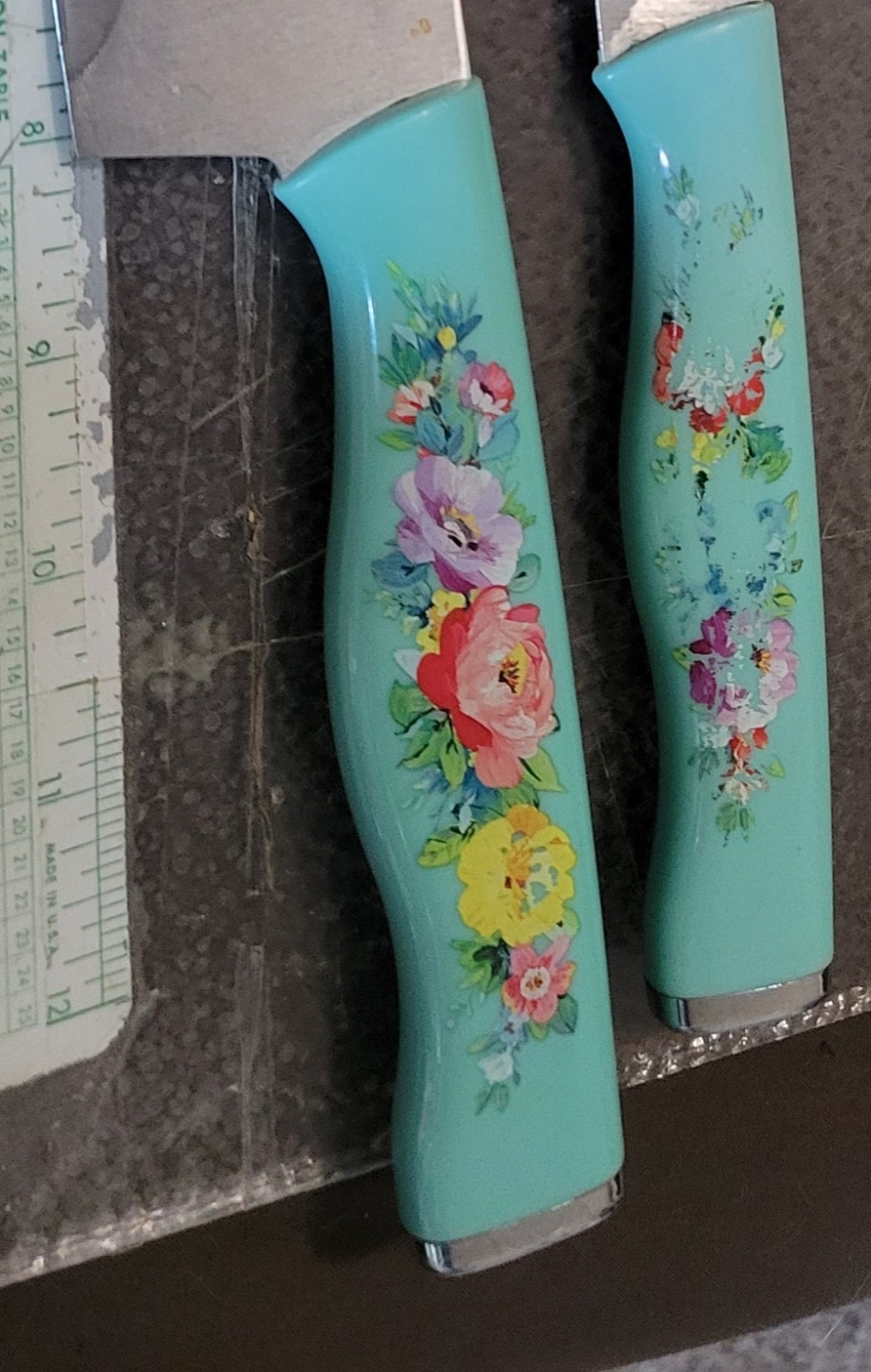 Pioneer Woman Teal Floral Sweet Romance 8″ Chef & 4″ Paring Knife & Blade Guards