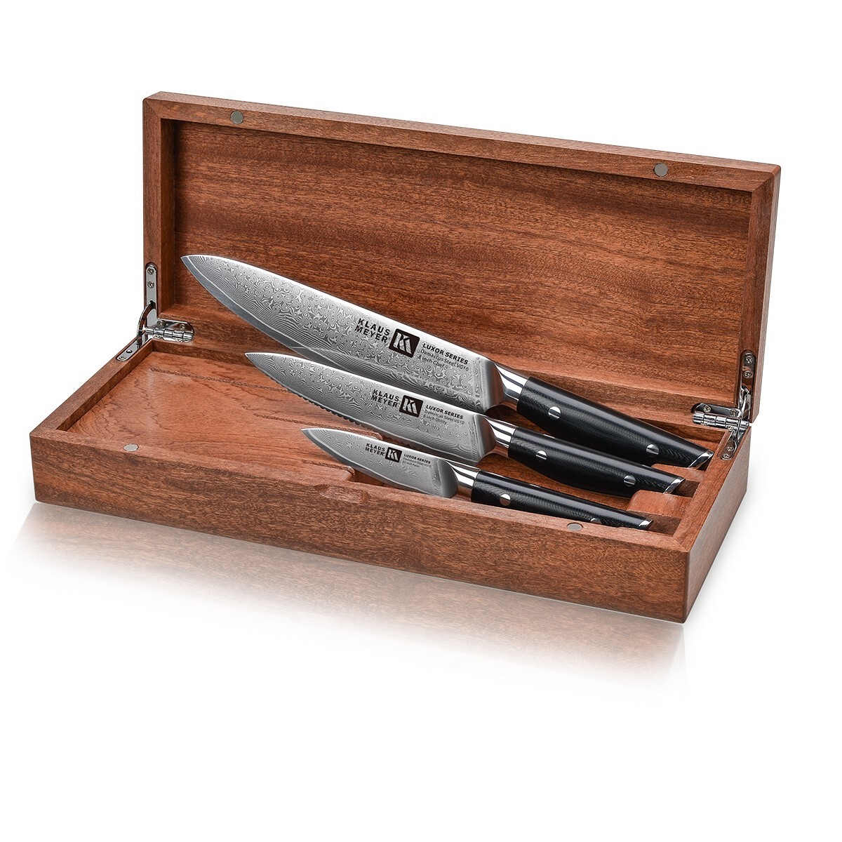 Klaus Meyer Luxor Damascus Steel 3 Piece Knife Set with Sapele Wood Box