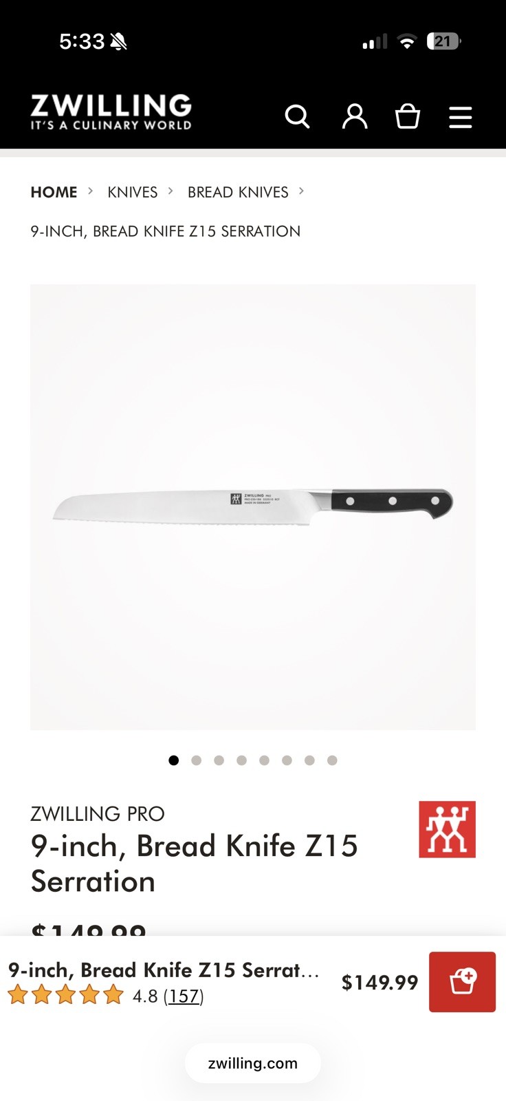 ZWILLING PRO 9-inch, Bread Knife Z15 Serration